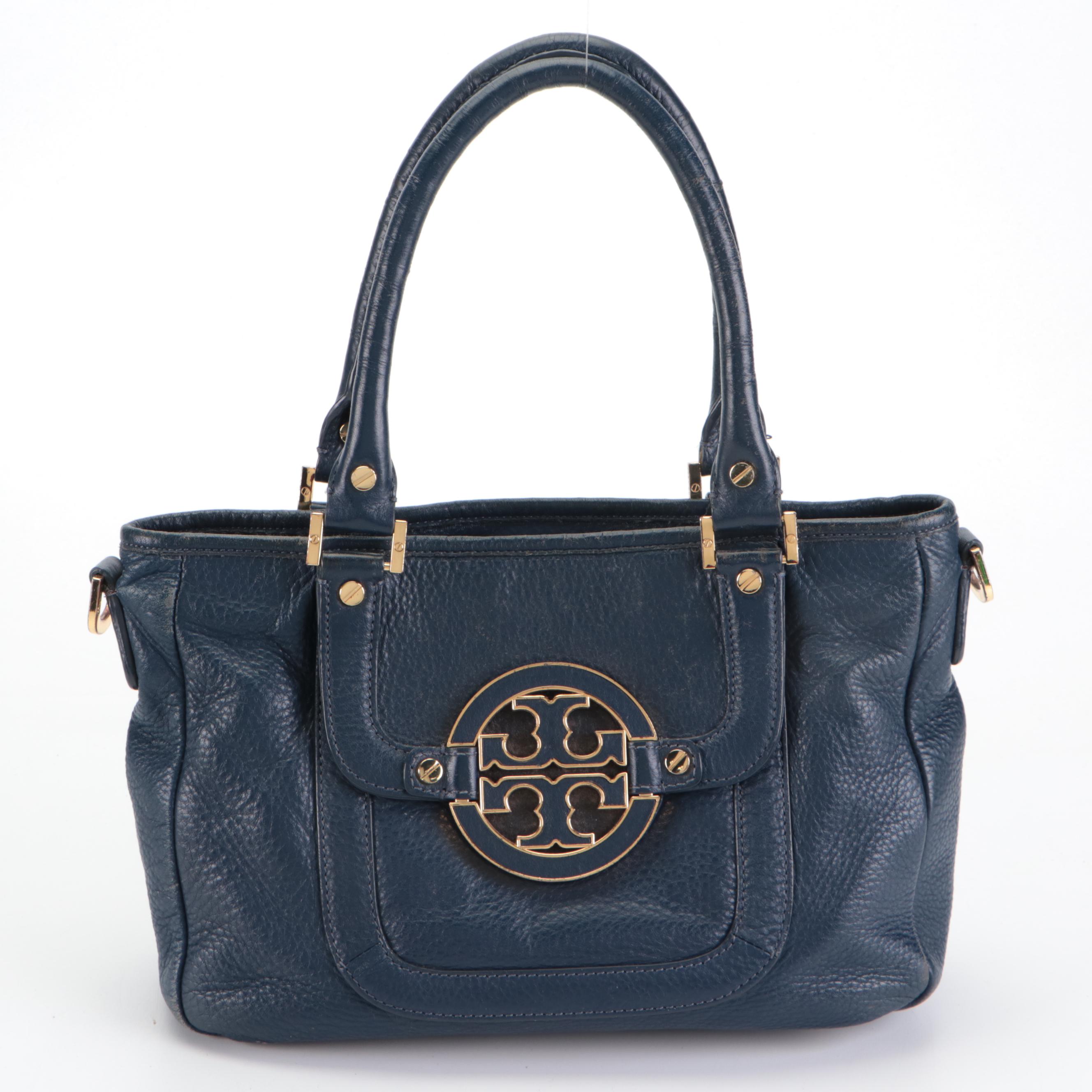 Tory Burch Medallion Handbag in Blue Tumbled Leather with Detachable Strap