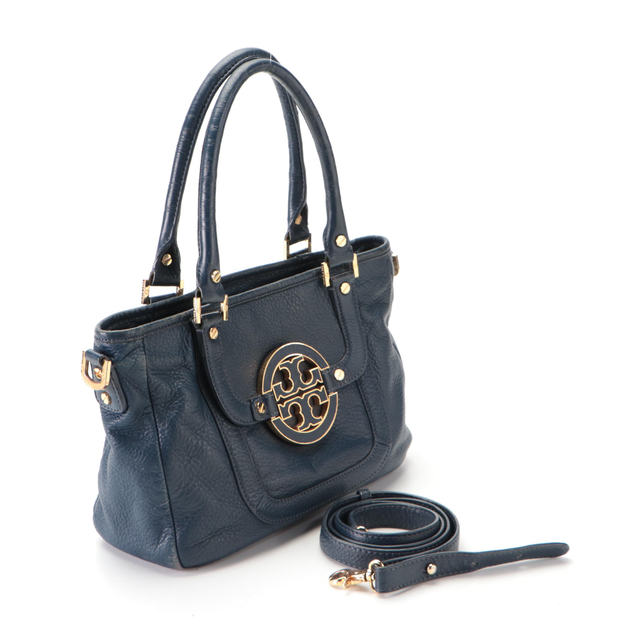 Tory Burch Medallion Handbag in Blue Tumbled Leather with Detachable Strap