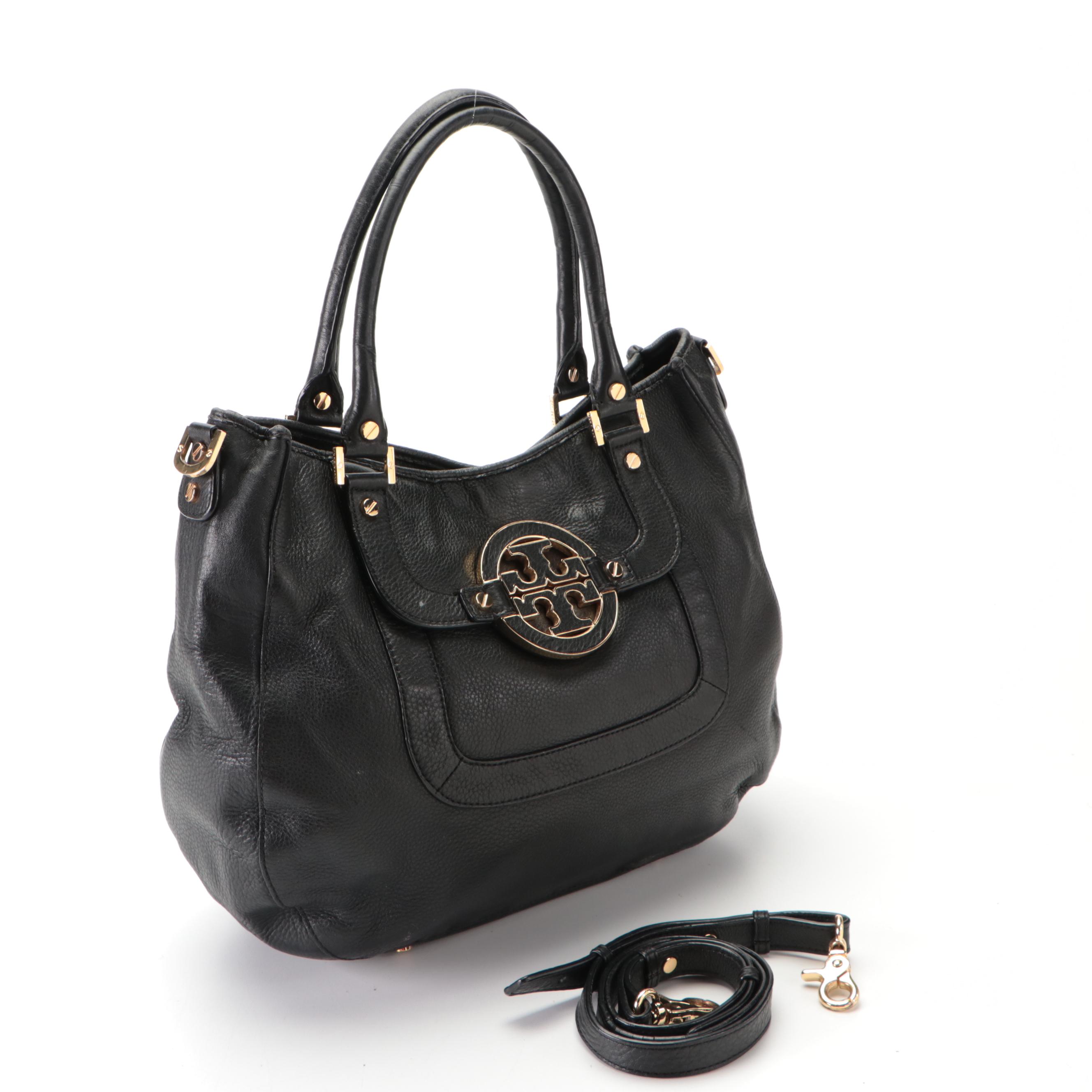 Tory Burch Medallion Shopper Tote in Black Grainy Leather with Detachable Strap