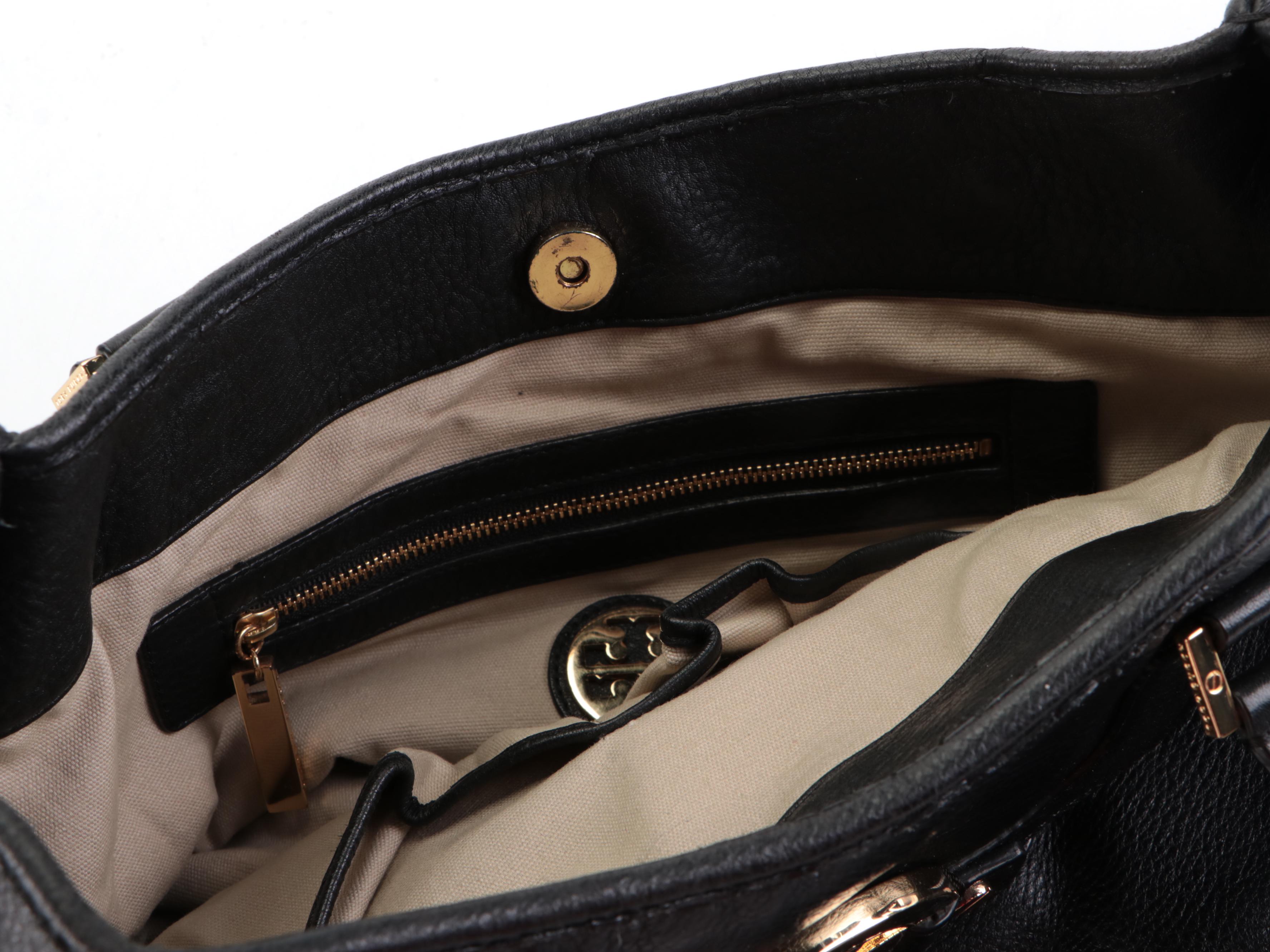 Tory Burch Medallion Shopper Tote in Black Grainy Leather with Detachable Strap