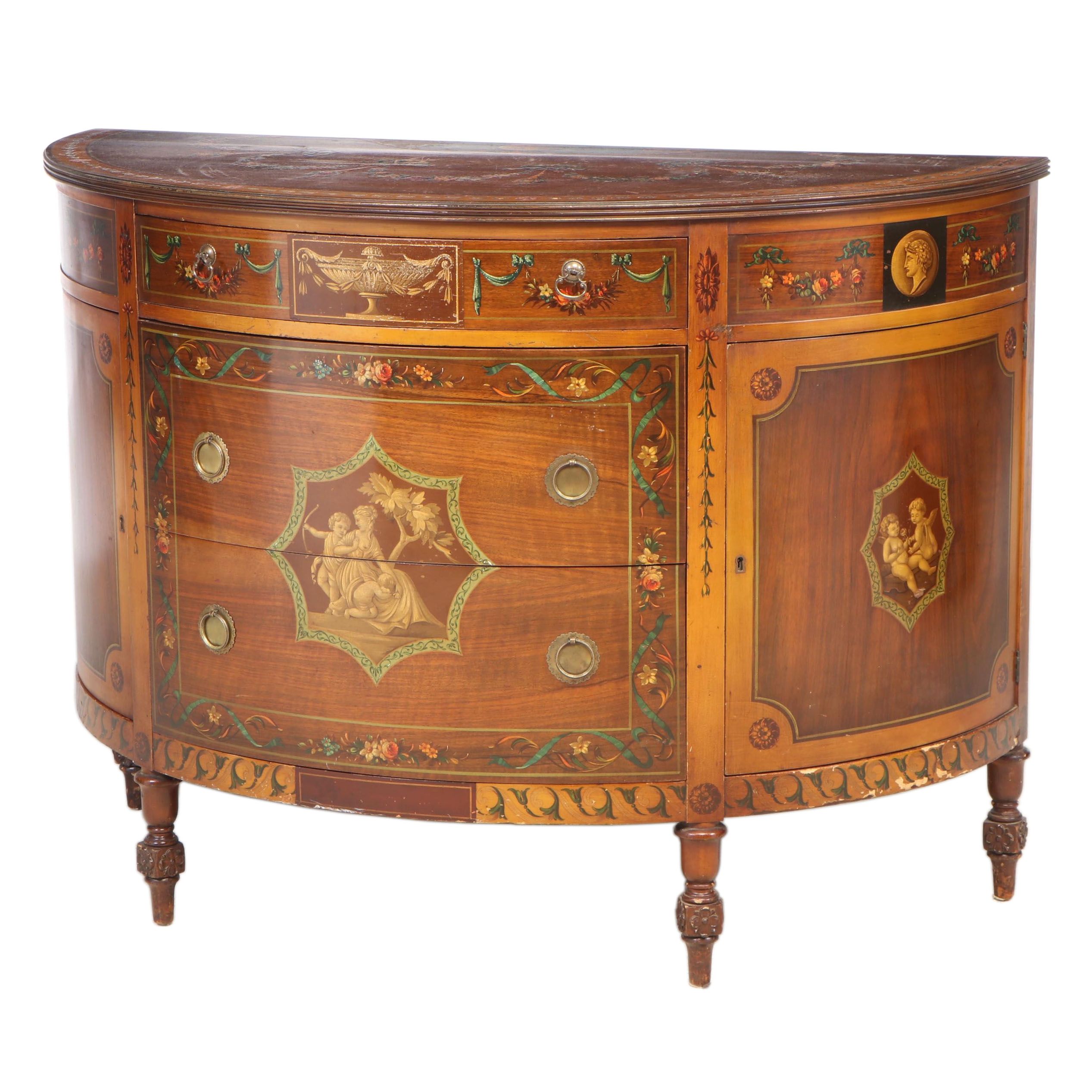 Johnson Furniture Adam Style Paint-Decorated Walnut Demilune Dressing Cabinet