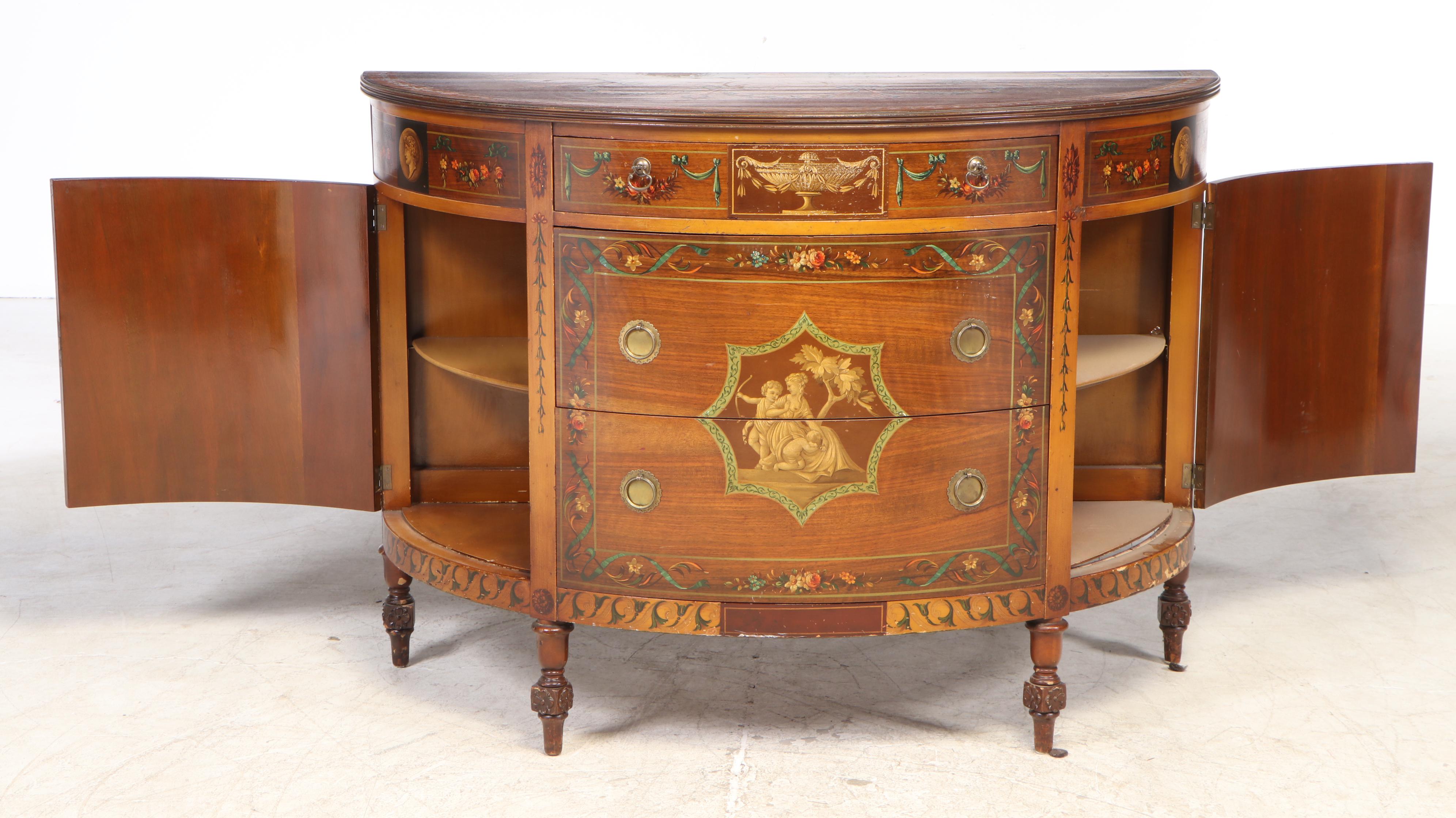 Johnson Furniture Adam Style Paint-Decorated Walnut Demilune Dressing Cabinet