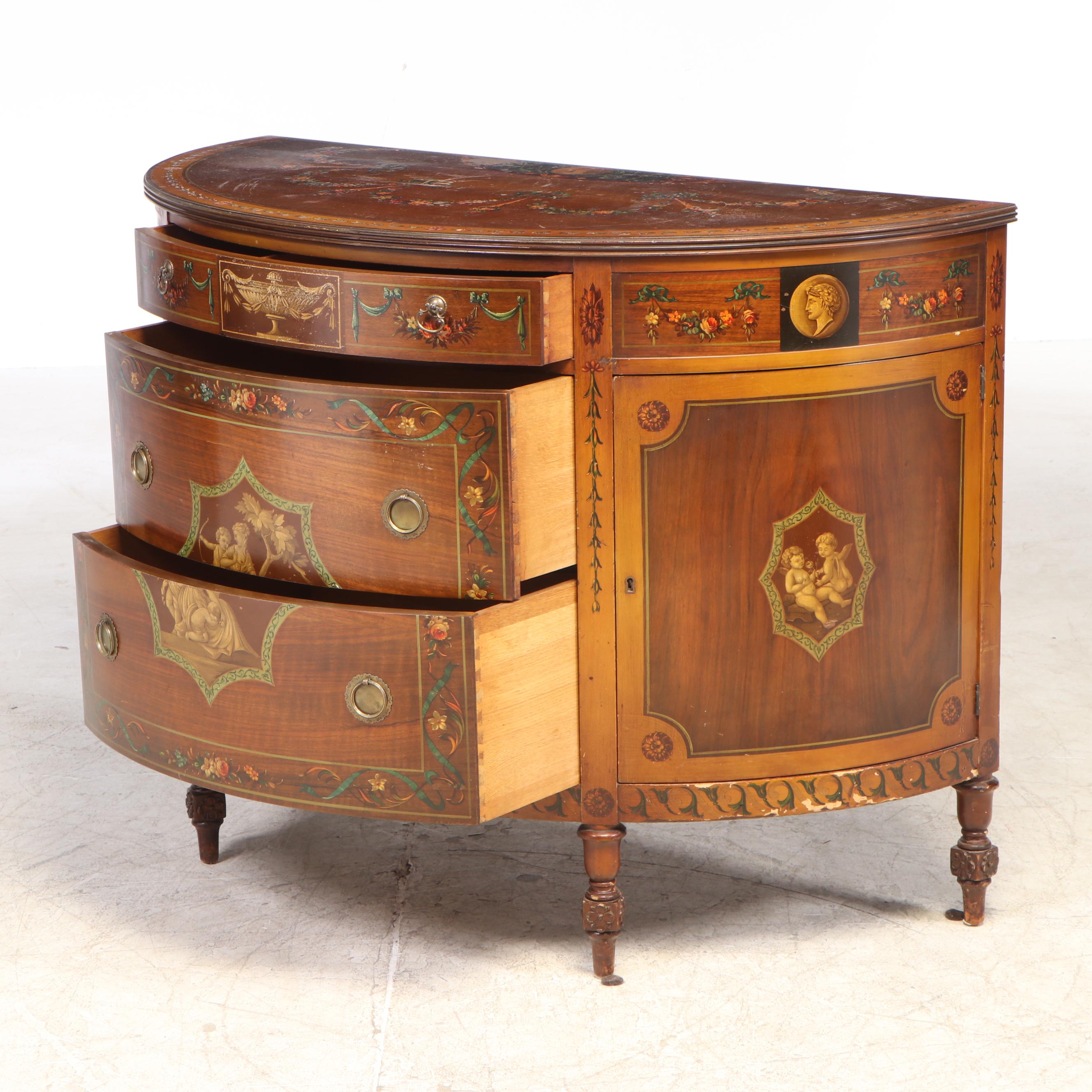 Johnson Furniture Adam Style Paint-Decorated Walnut Demilune Dressing Cabinet
