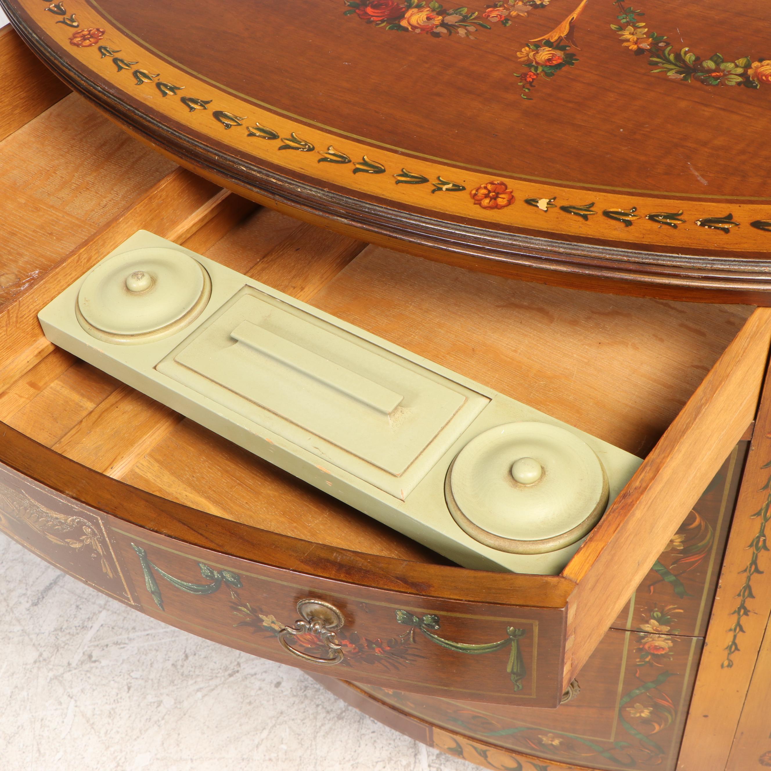 Johnson Furniture Adam Style Paint-Decorated Walnut Demilune Dressing Cabinet