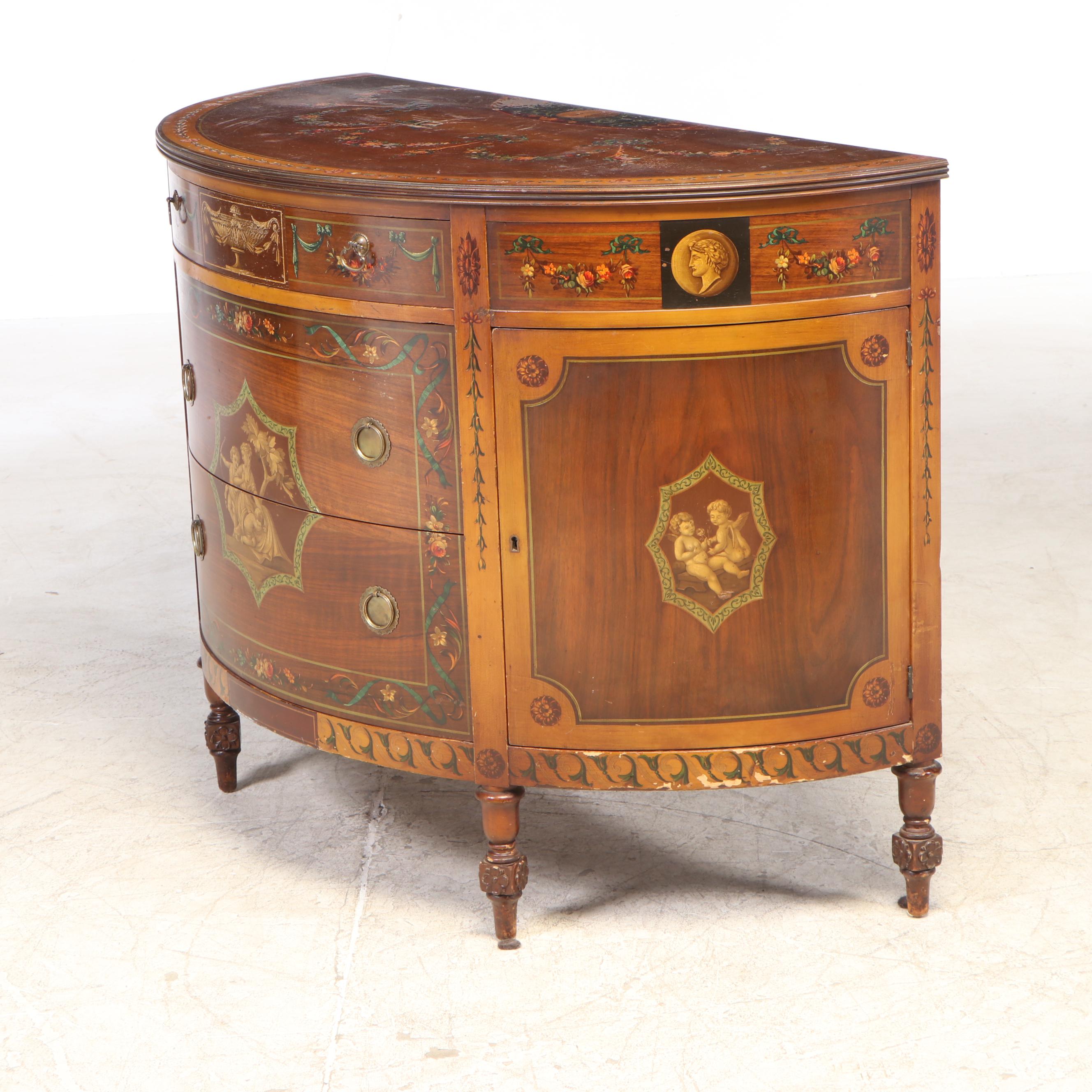 Johnson Furniture Adam Style Paint-Decorated Walnut Demilune Dressing Cabinet