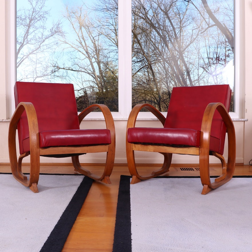 Pair of Shampaine Company Art Deco Bentwood and Vinyl Armchairs, 1930s