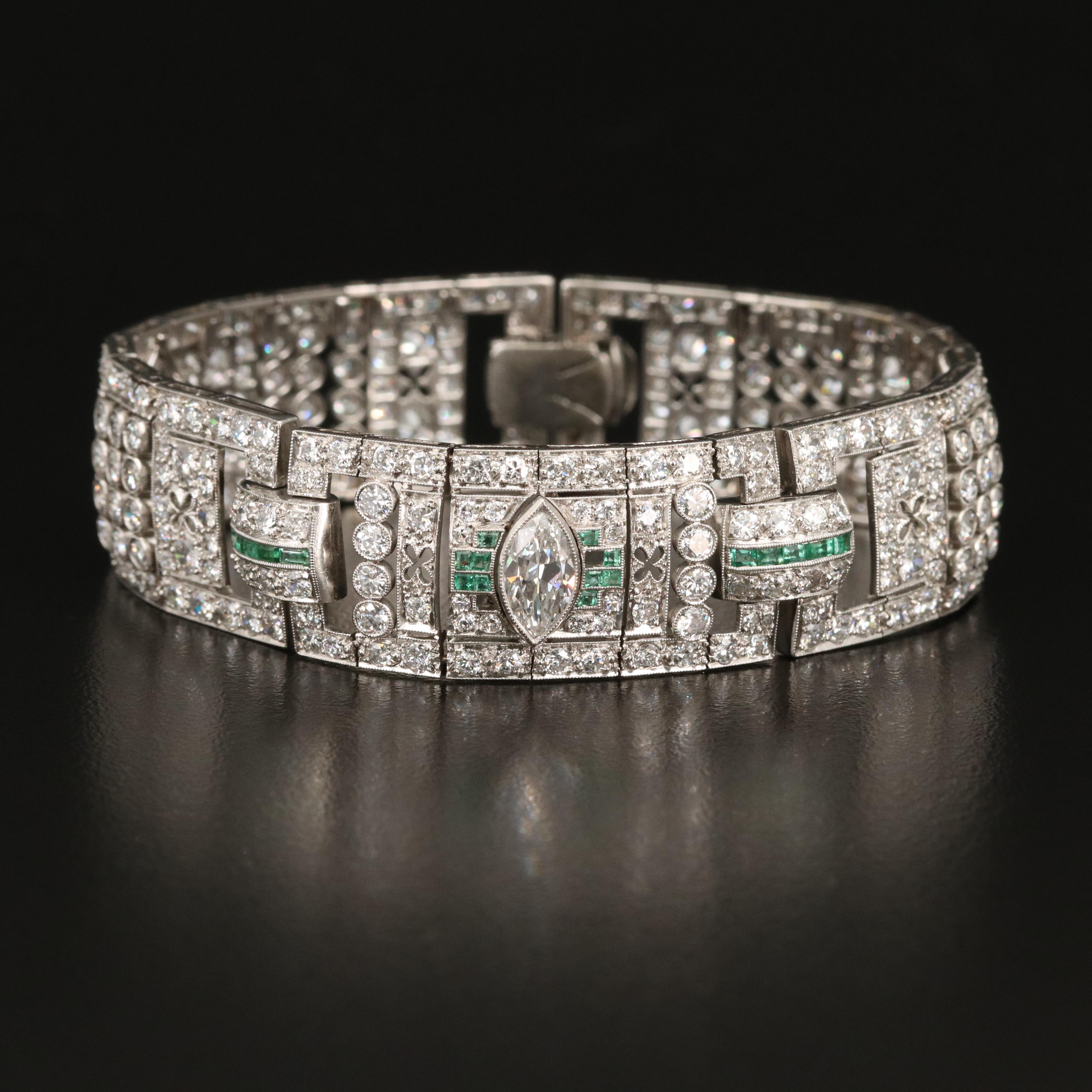 Art Deco Platinum 14.88 CTW Diamond and Emerald Bracelet
