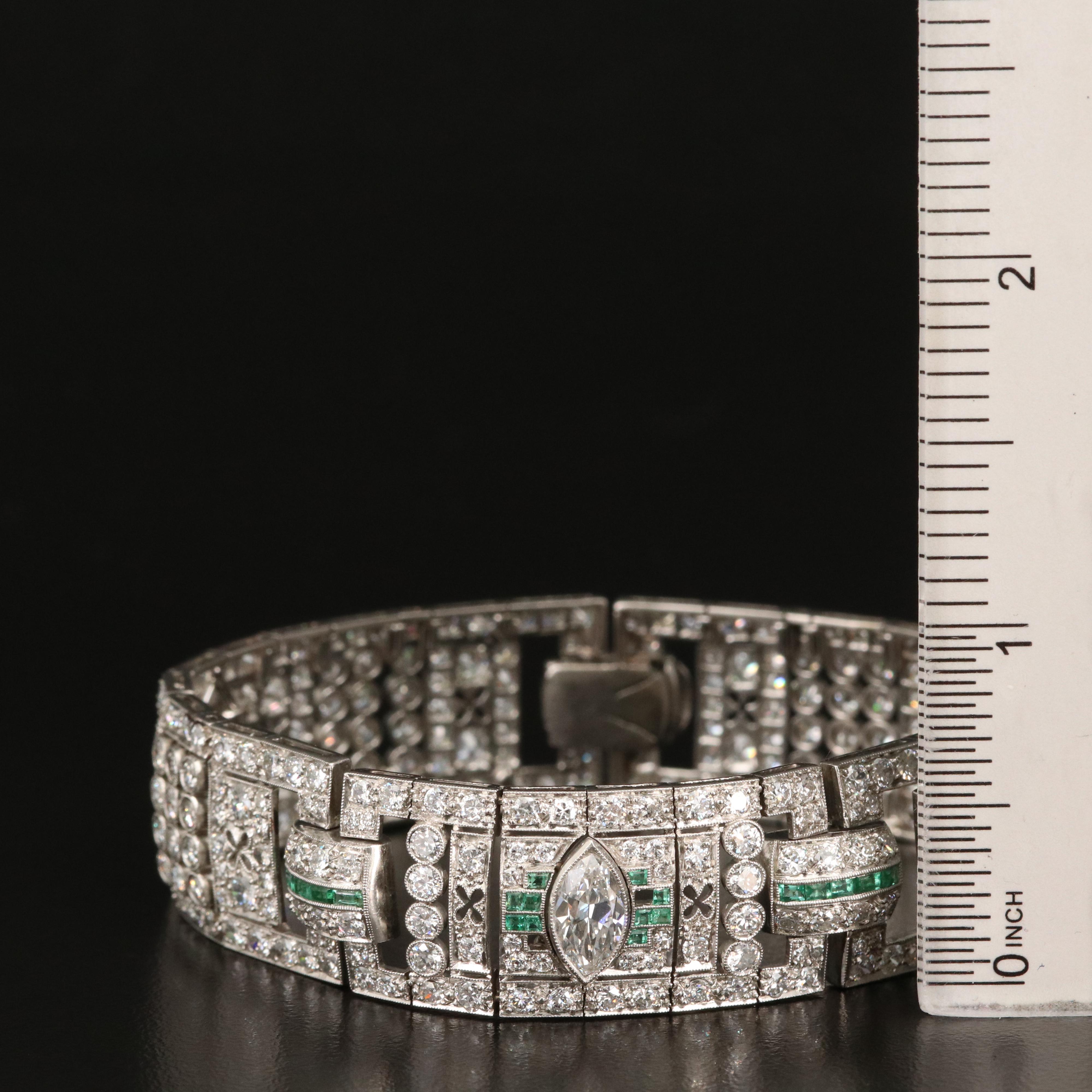 Art Deco Platinum 14.88 CTW Diamond and Emerald Bracelet