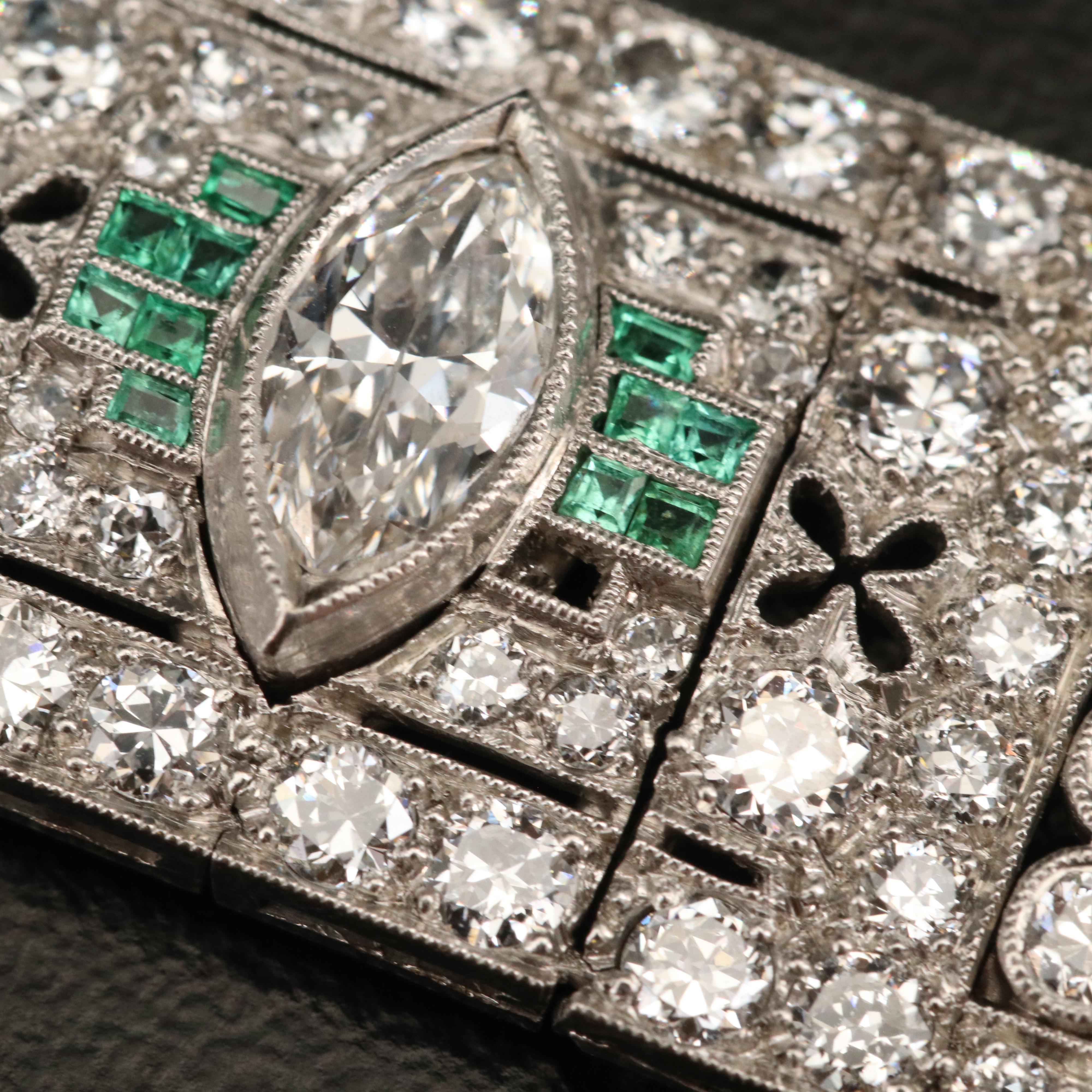 Art Deco Platinum 14.88 CTW Diamond and Emerald Bracelet