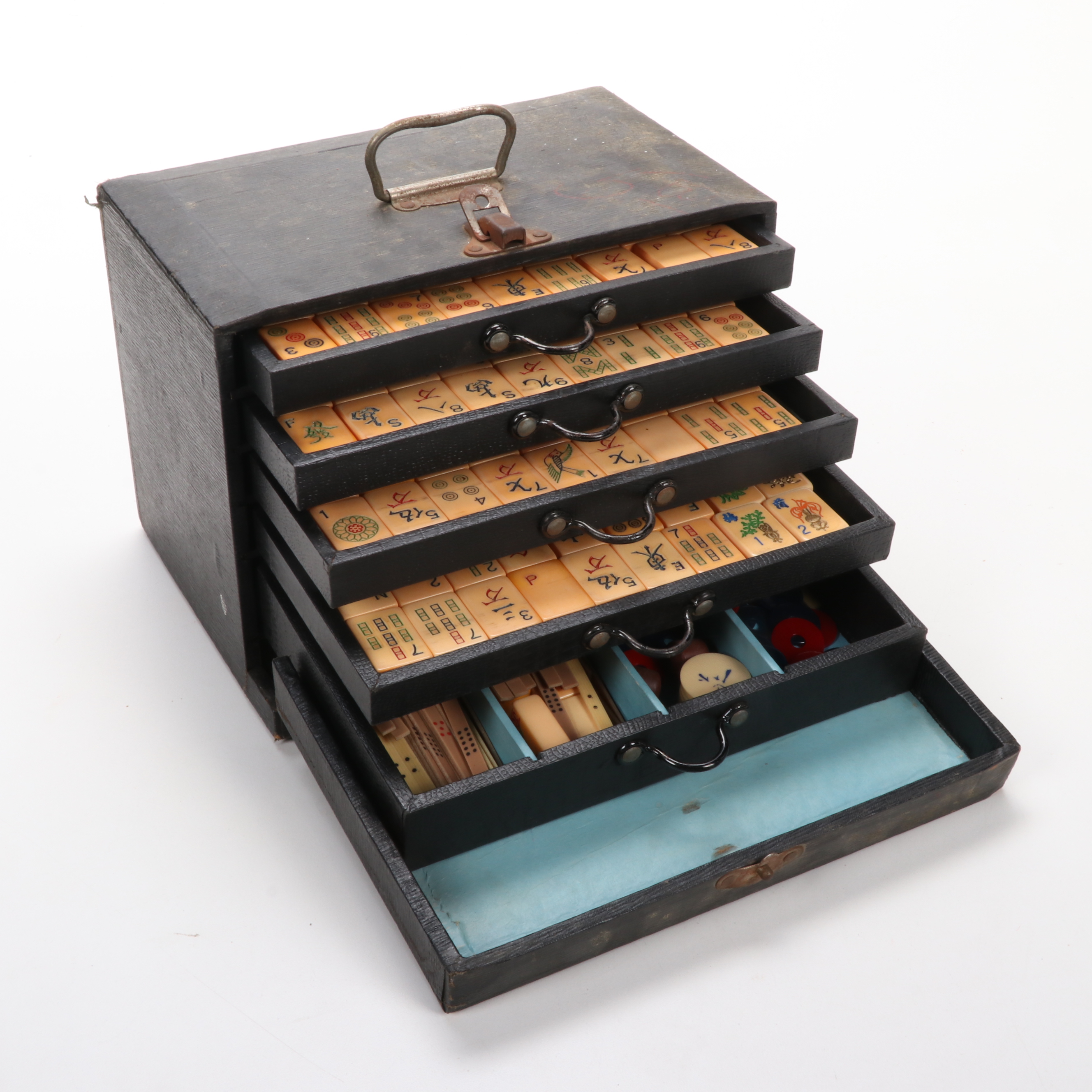 Bakelite Mah Jongg Set with Case and National Mah Jongg League Rule Book, 1960s