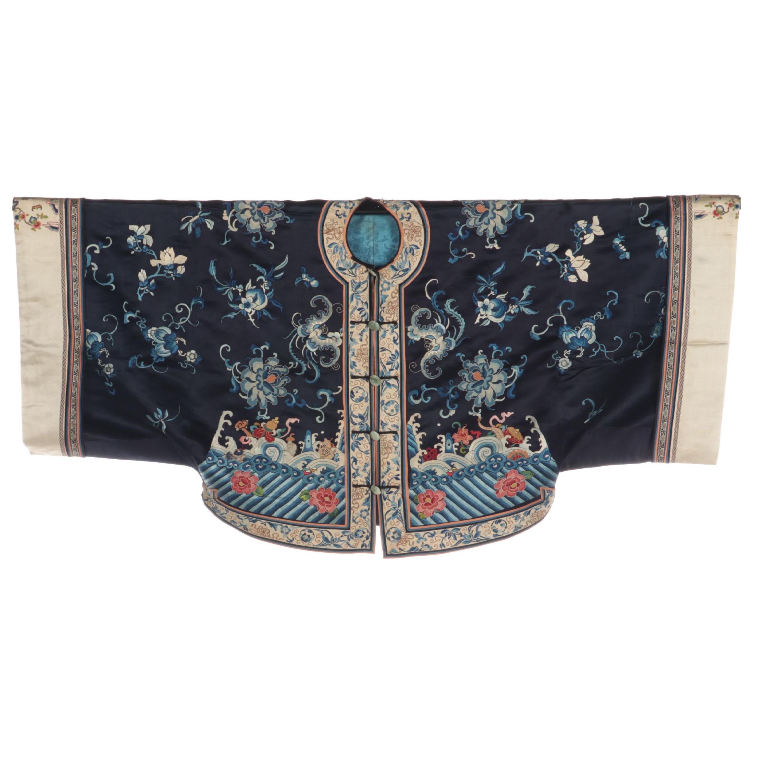 Chinese Hand-Embroidered Silk Jifu Pao Jacket, Qing Dynasty Period