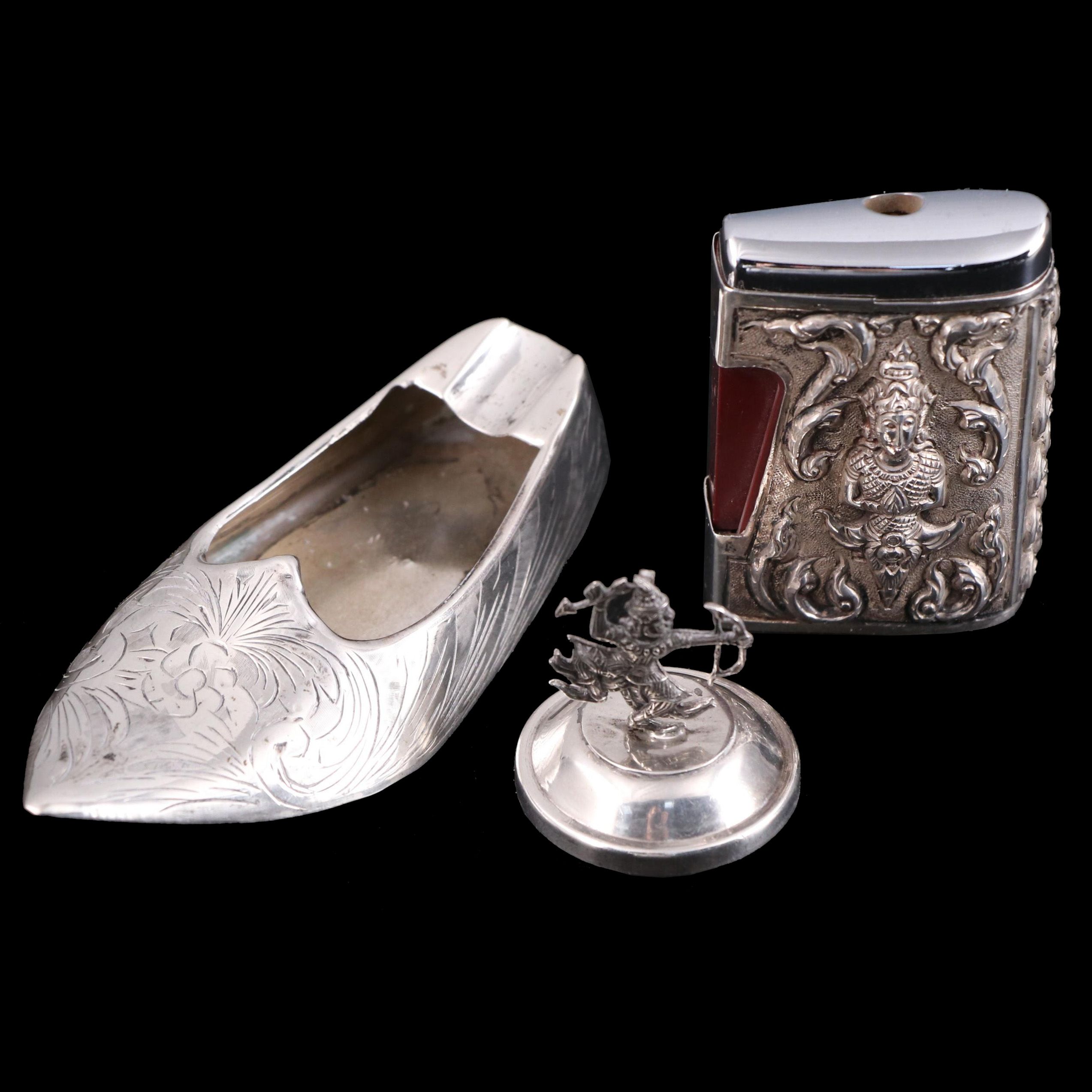 Siam Sterling Place Card Holder and Lighter Cover with 800 Silver Ashtray