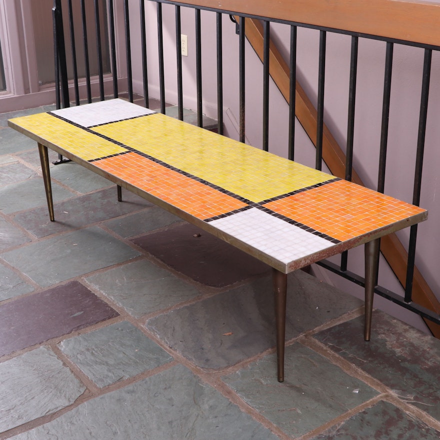 Mid Century Modern Brass-Patinated Metal and Tile-Top Mosaic Coffee Table