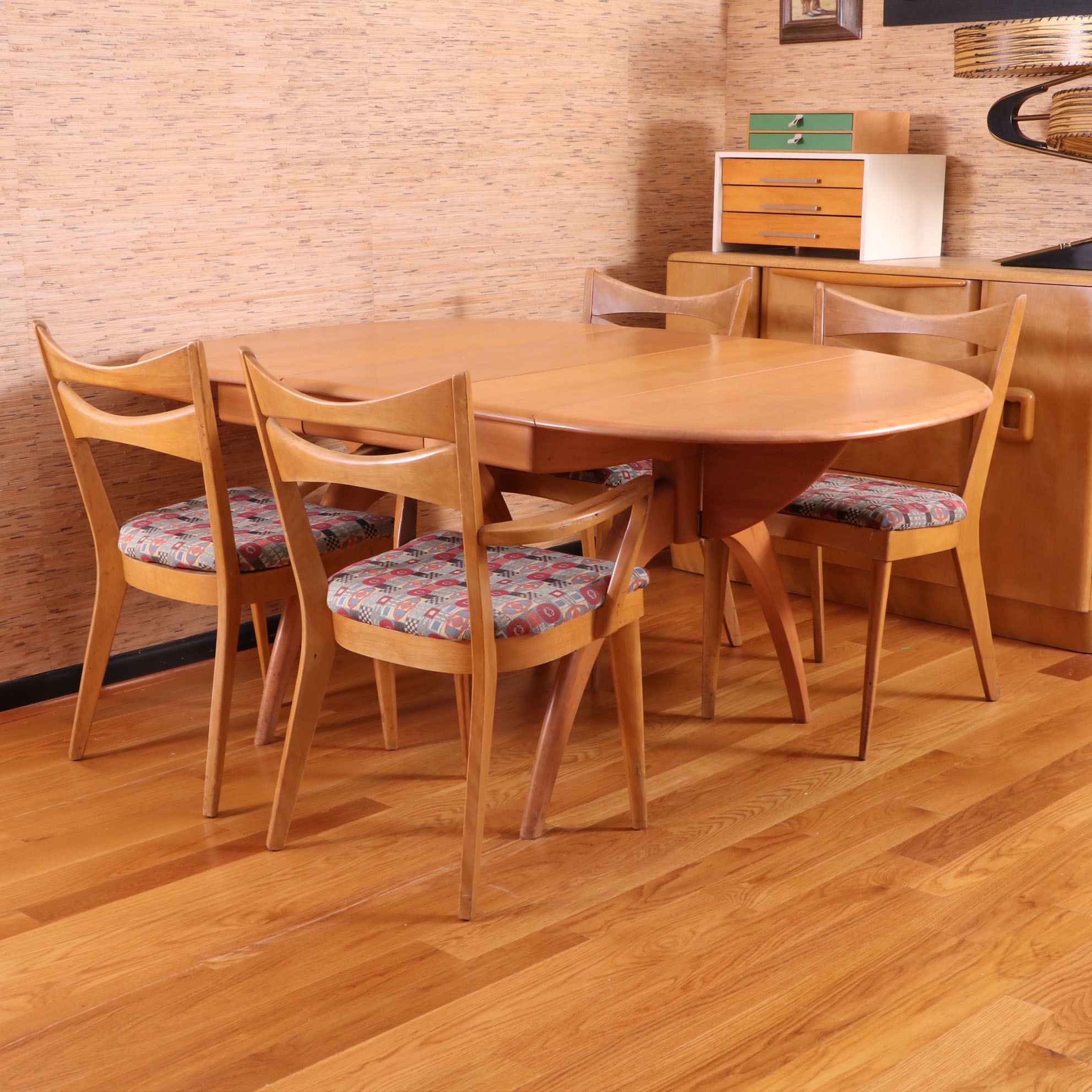 Heywood-Wakefield Mid Century Modern Maple Dining Chairs and Drop Leaf Table