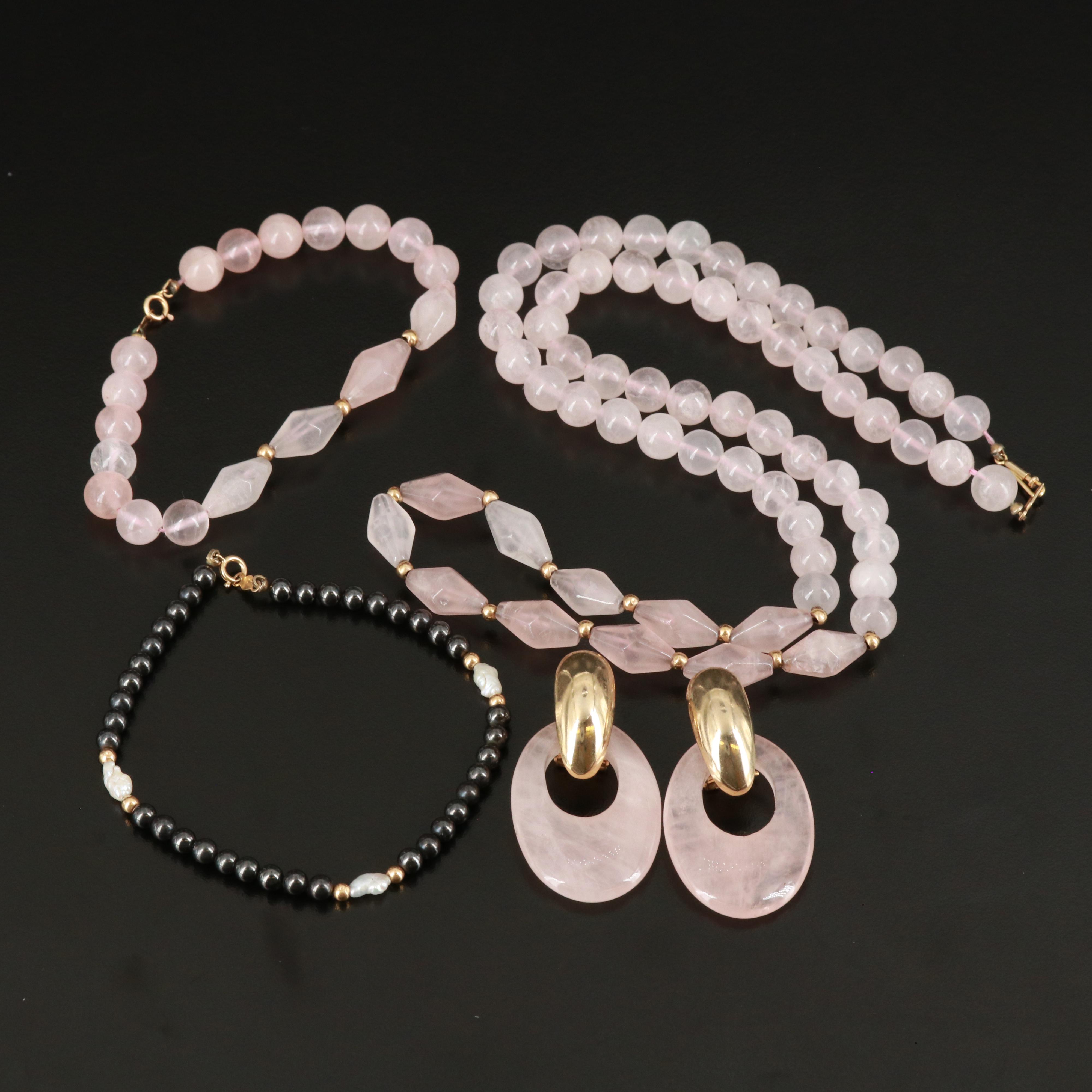 Rose Quartz, Imitation Hematite and Pearl Jewelry Including 14K