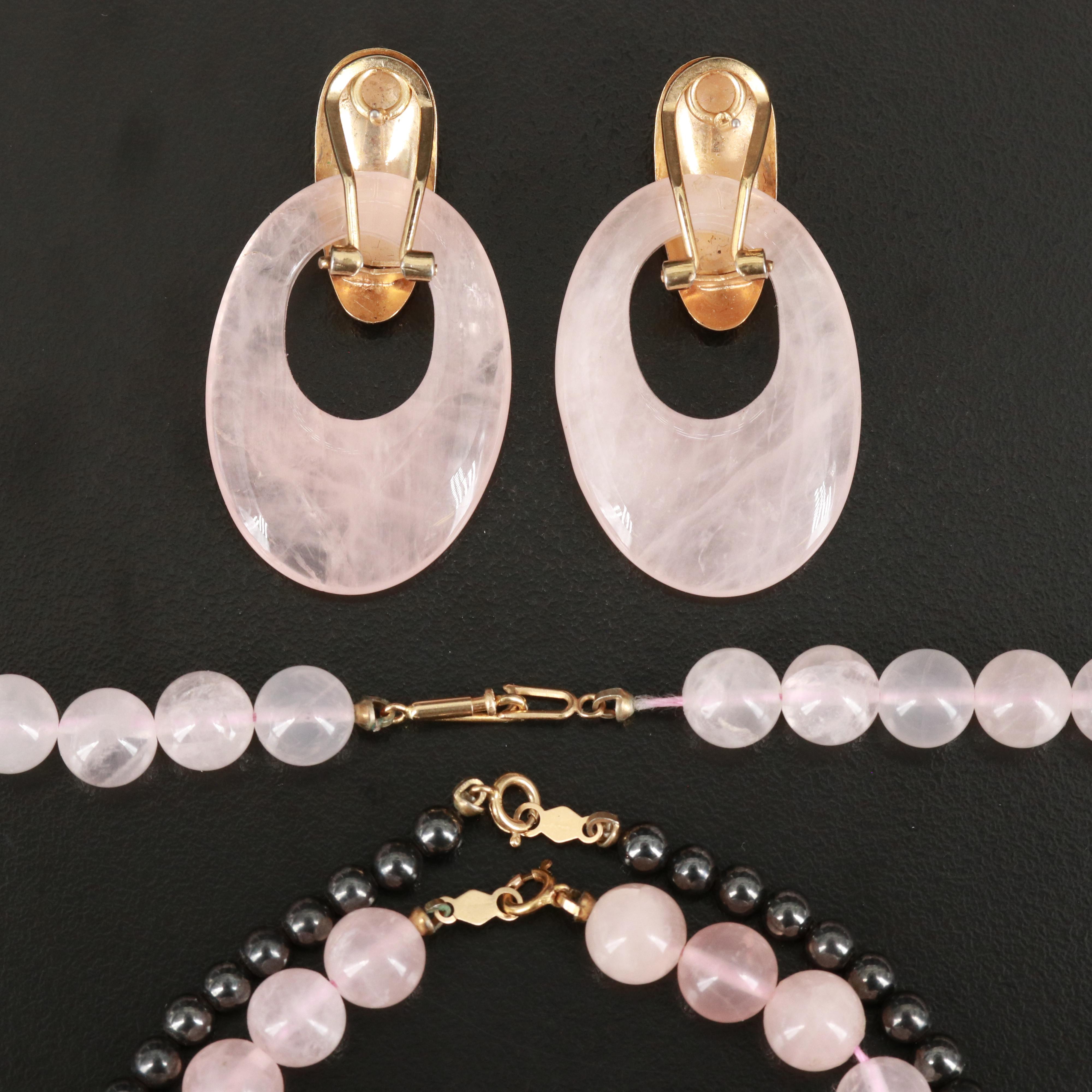 Rose Quartz, Imitation Hematite and Pearl Jewelry Including 14K