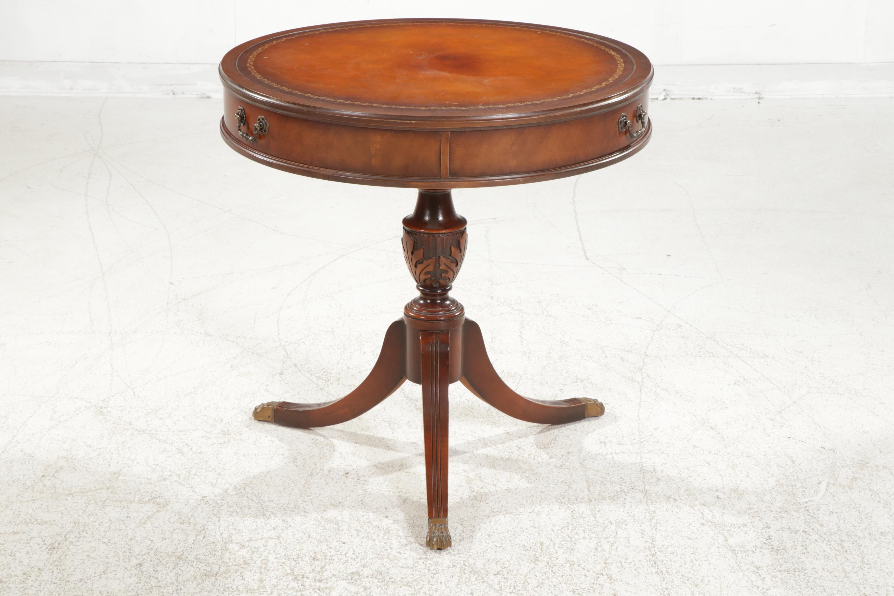 Imperial Mahogany Drum Table with Leather Top, Early to Mid 20th Century