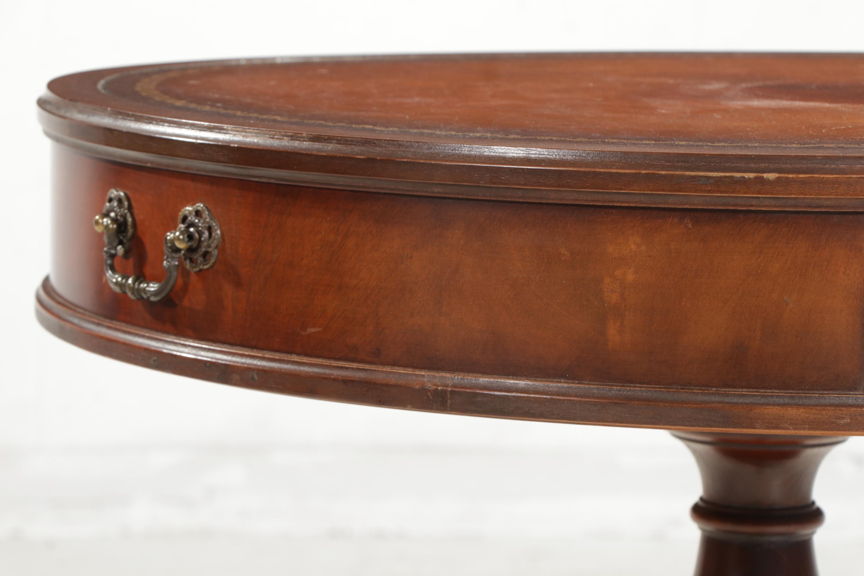 Imperial Mahogany Drum Table with Leather Top, Early to Mid 20th Century