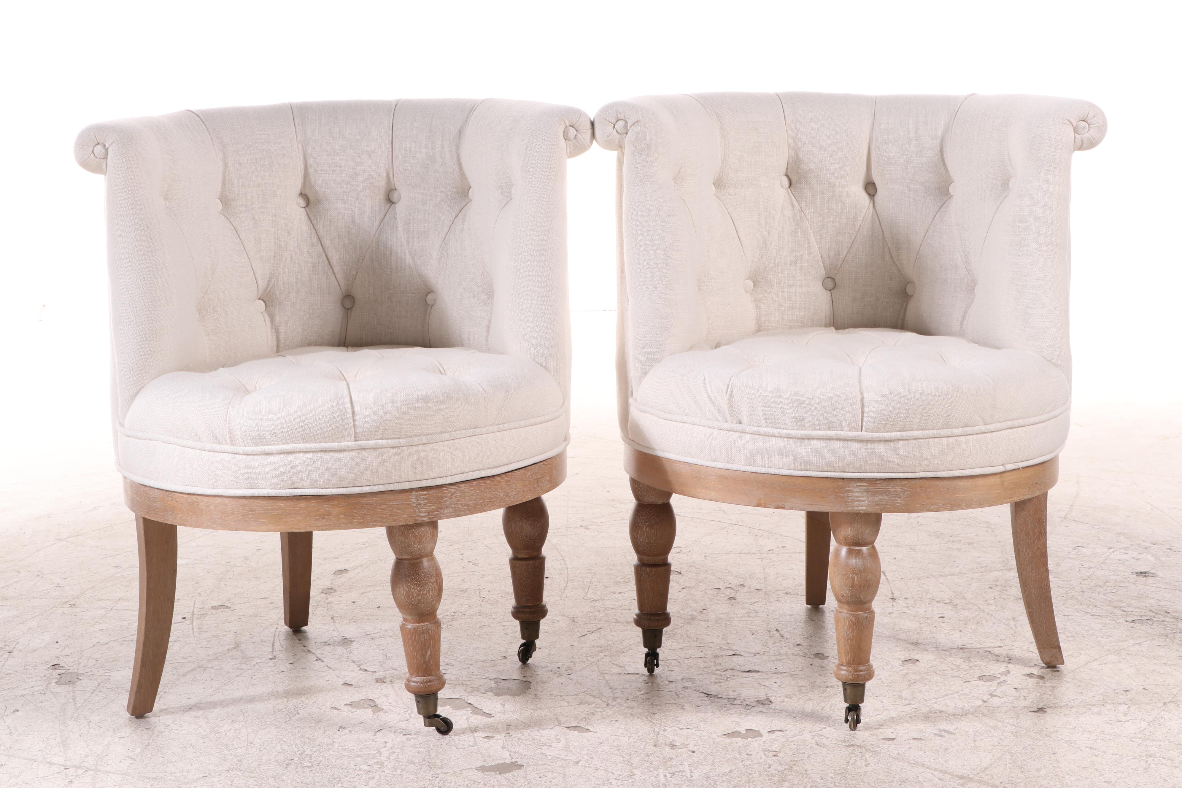 Pair of Tommy Hilfiger Button-Tufted Linen and Hardwood Swivel Tub Chairs