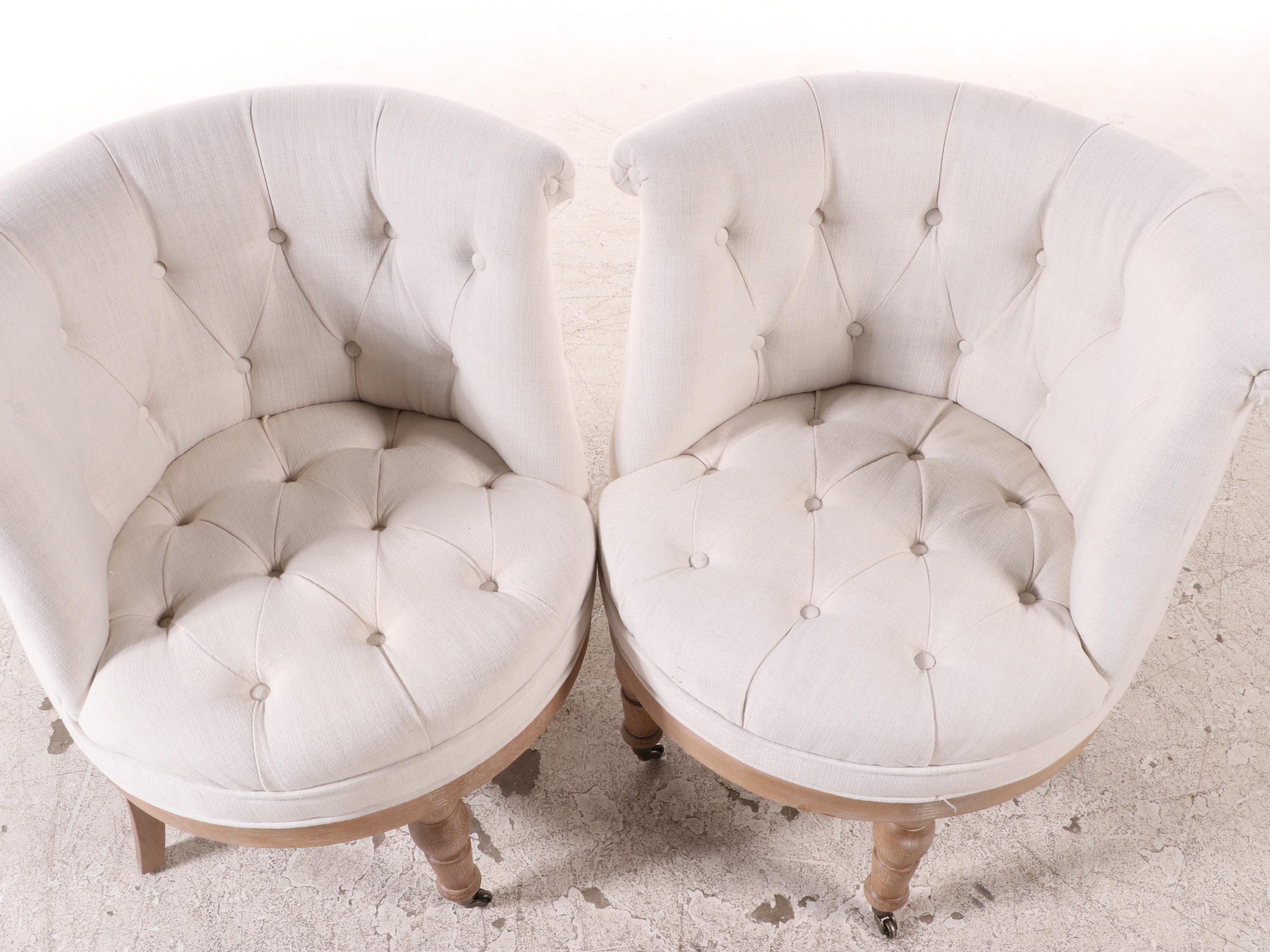 Pair of Tommy Hilfiger Button-Tufted Linen and Hardwood Swivel Tub Chairs