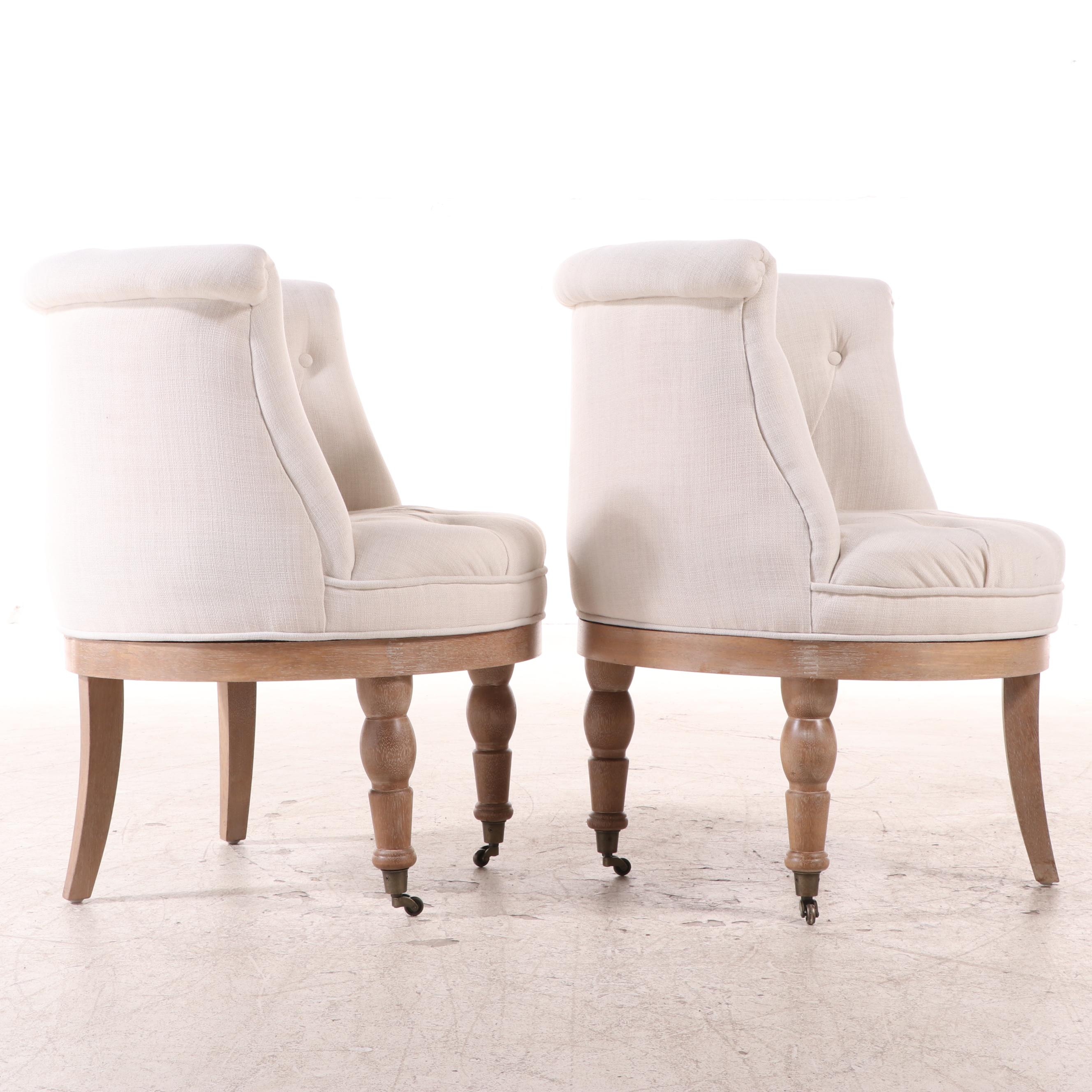 Pair of Tommy Hilfiger Button-Tufted Linen and Hardwood Swivel Tub Chairs