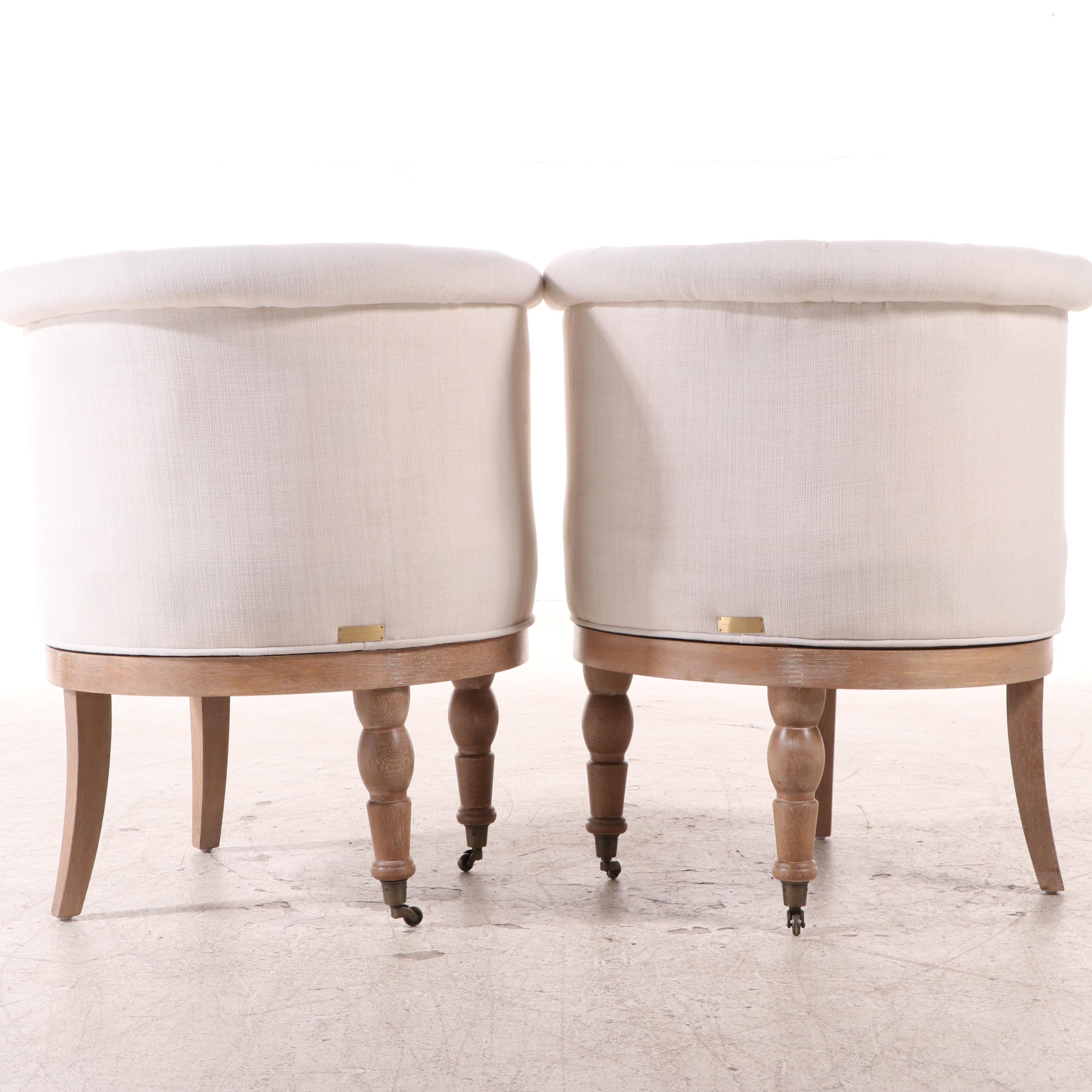 Pair of Tommy Hilfiger Button-Tufted Linen and Hardwood Swivel Tub Chairs