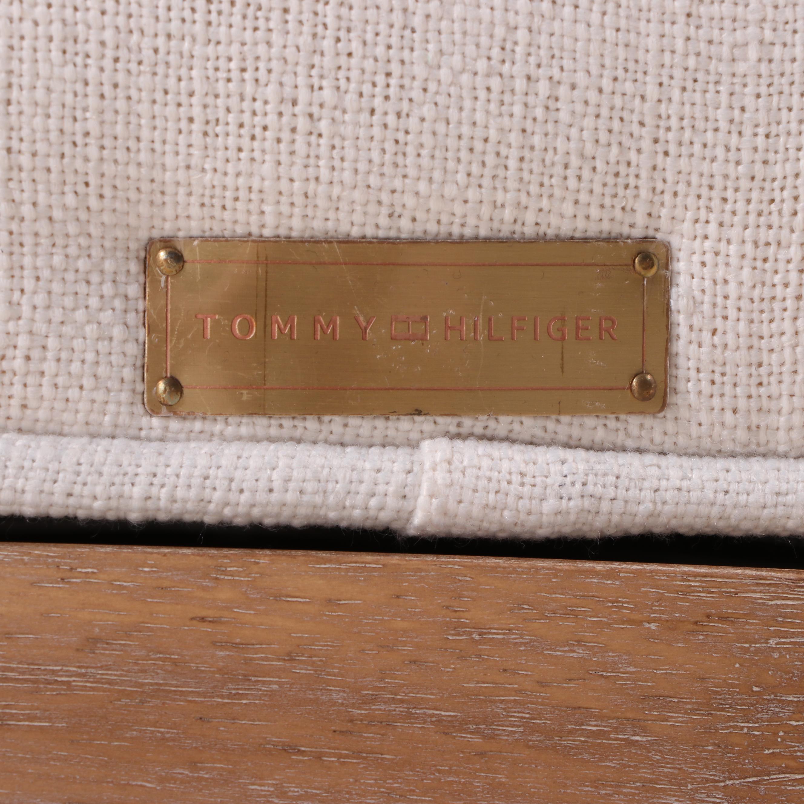 Pair of Tommy Hilfiger Button-Tufted Linen and Hardwood Swivel Tub Chairs