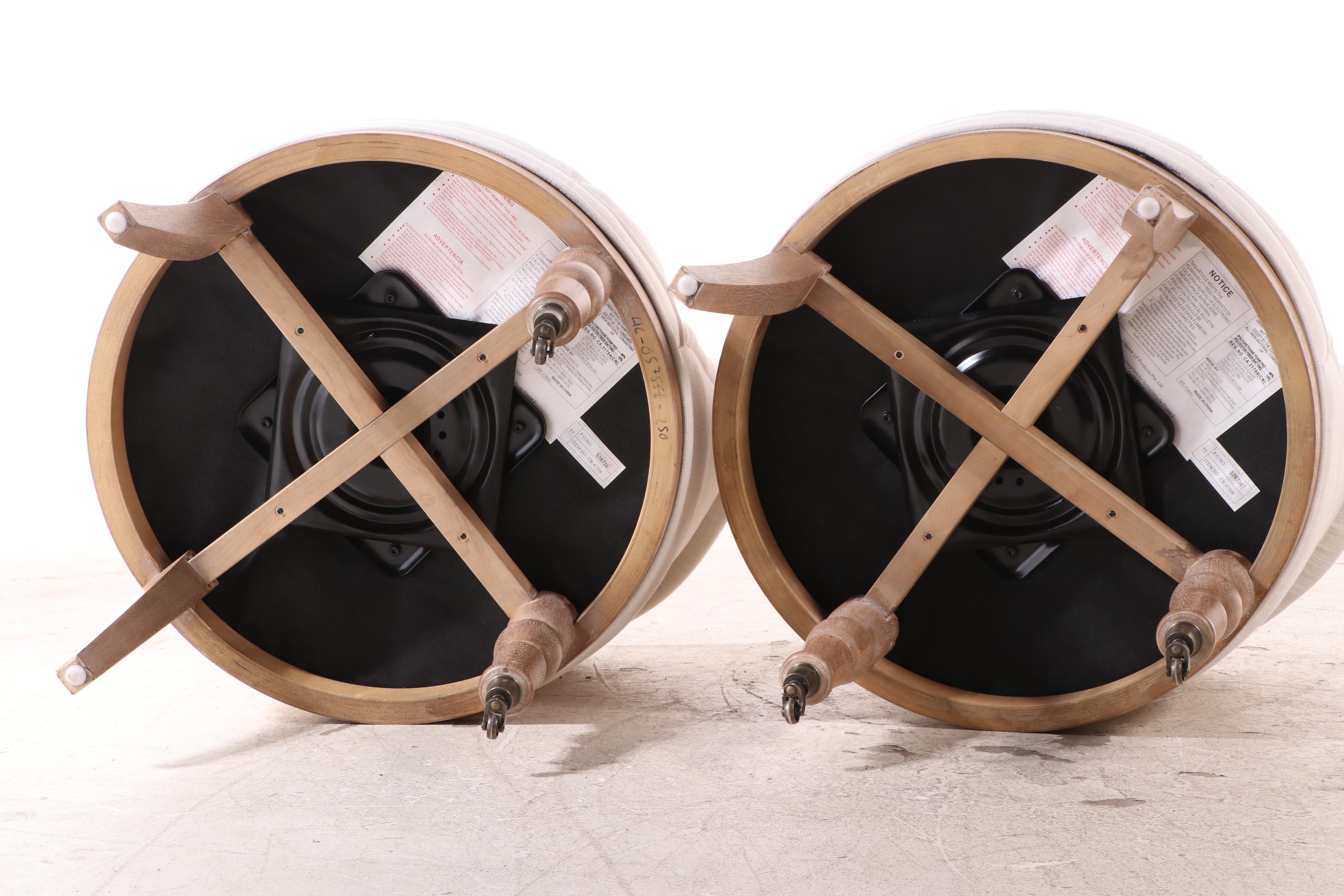 Pair of Tommy Hilfiger Button-Tufted Linen and Hardwood Swivel Tub Chairs