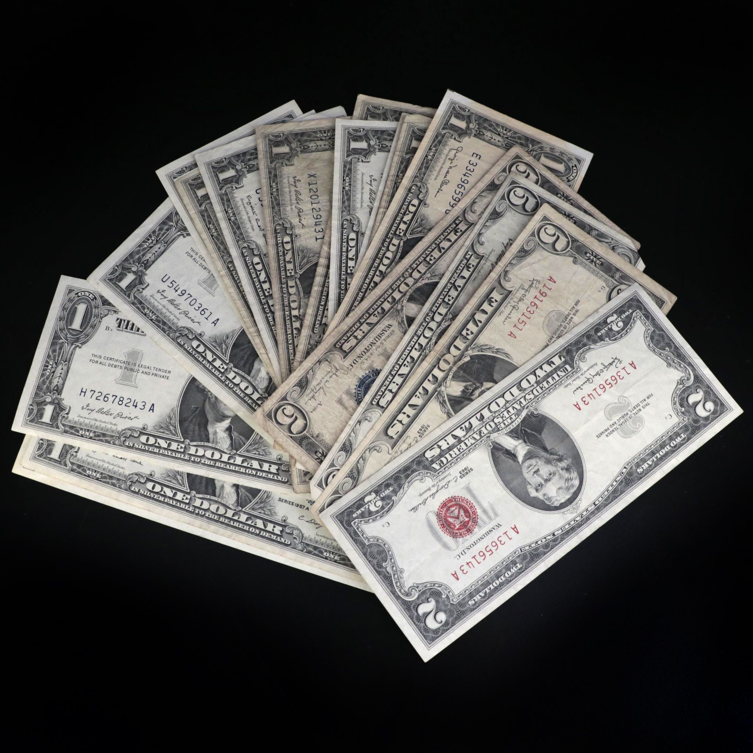 Twenty Pieces of Vintage American Currency Including Silver Certificates