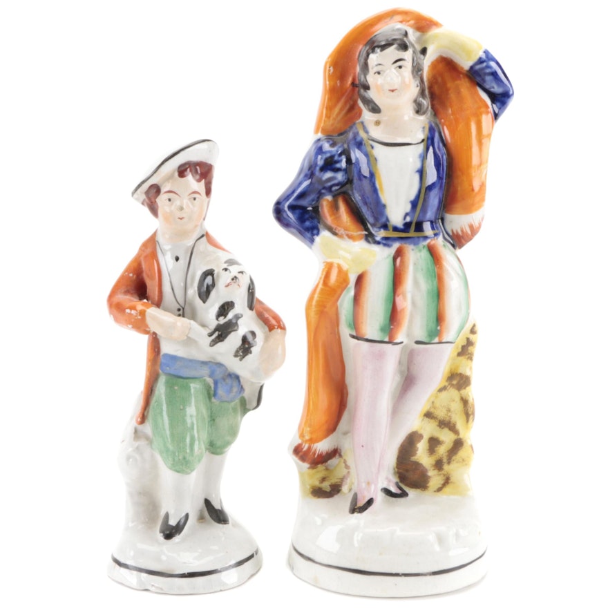 Staffordshire Earthenware Boy Holding Dog and Actor Figurines, Mid-Late 19th C