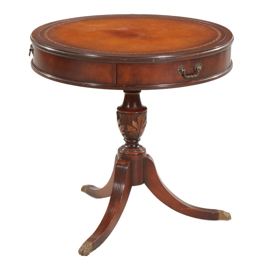 Imperial Mahogany Drum Table with Leather Top, Early to Mid 20th Century