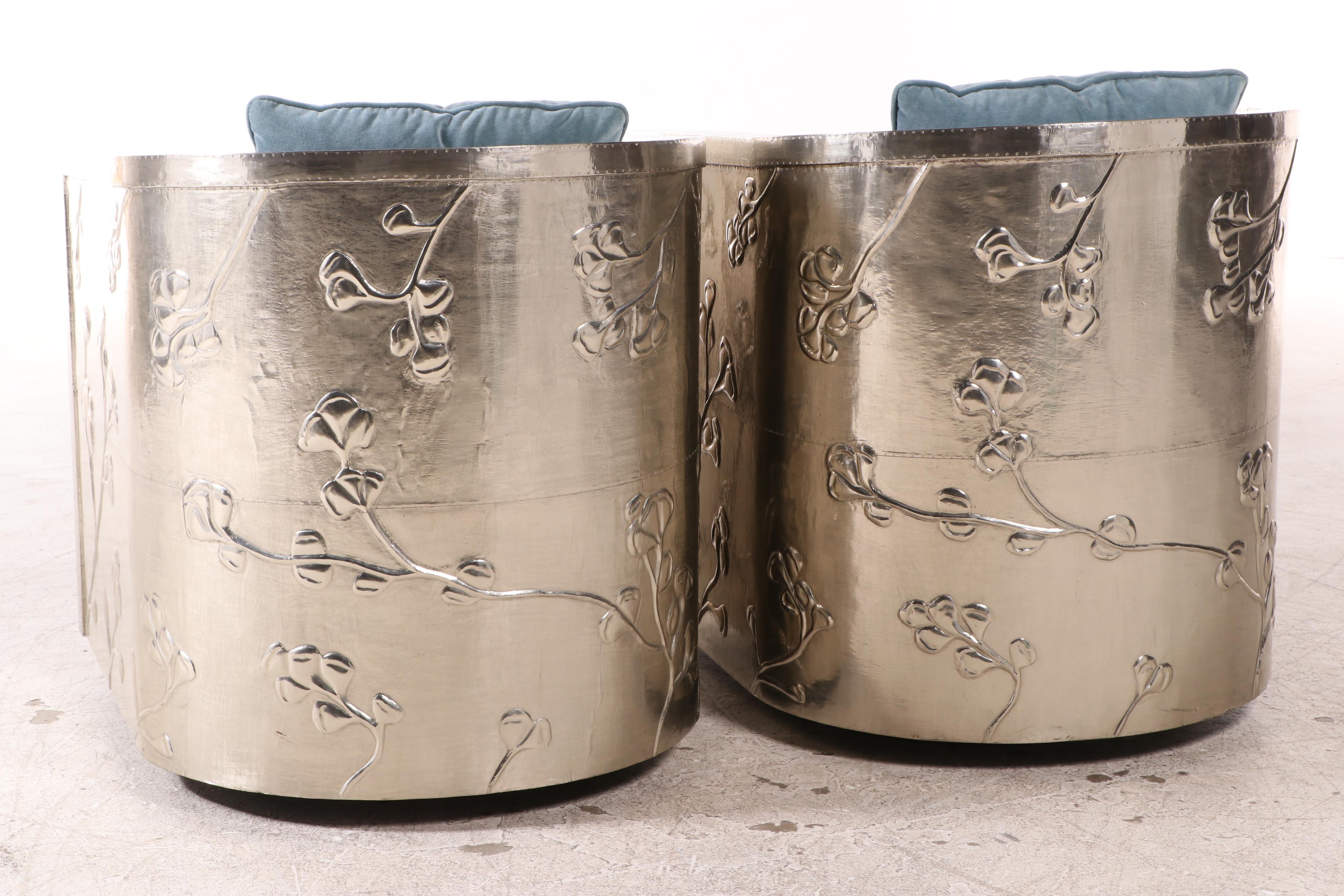 Pair of Bernhardt German Silver-Wrapped and Blue Velveteen Swivel Tub Chairs