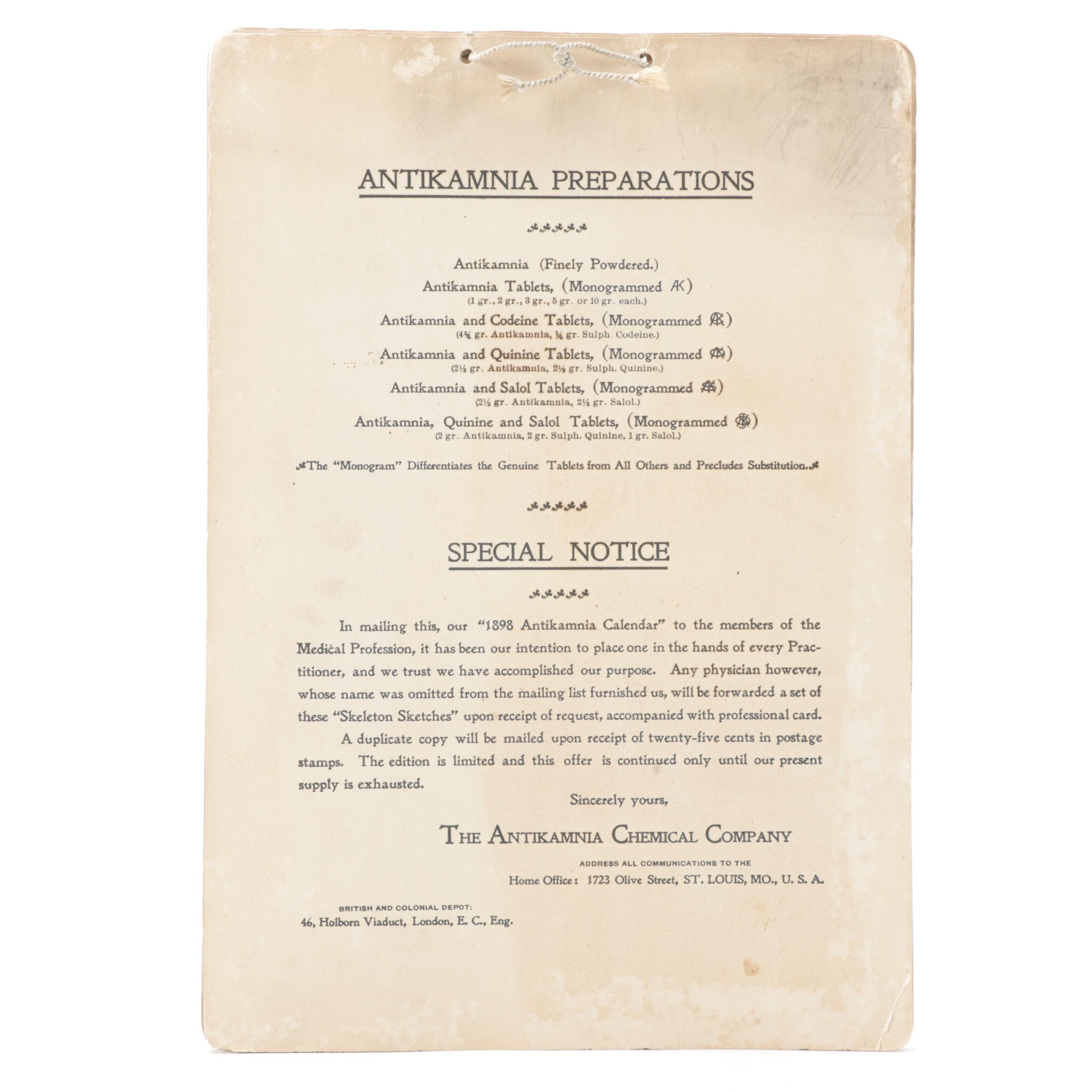 Original 1898 Antikamnia Calendar