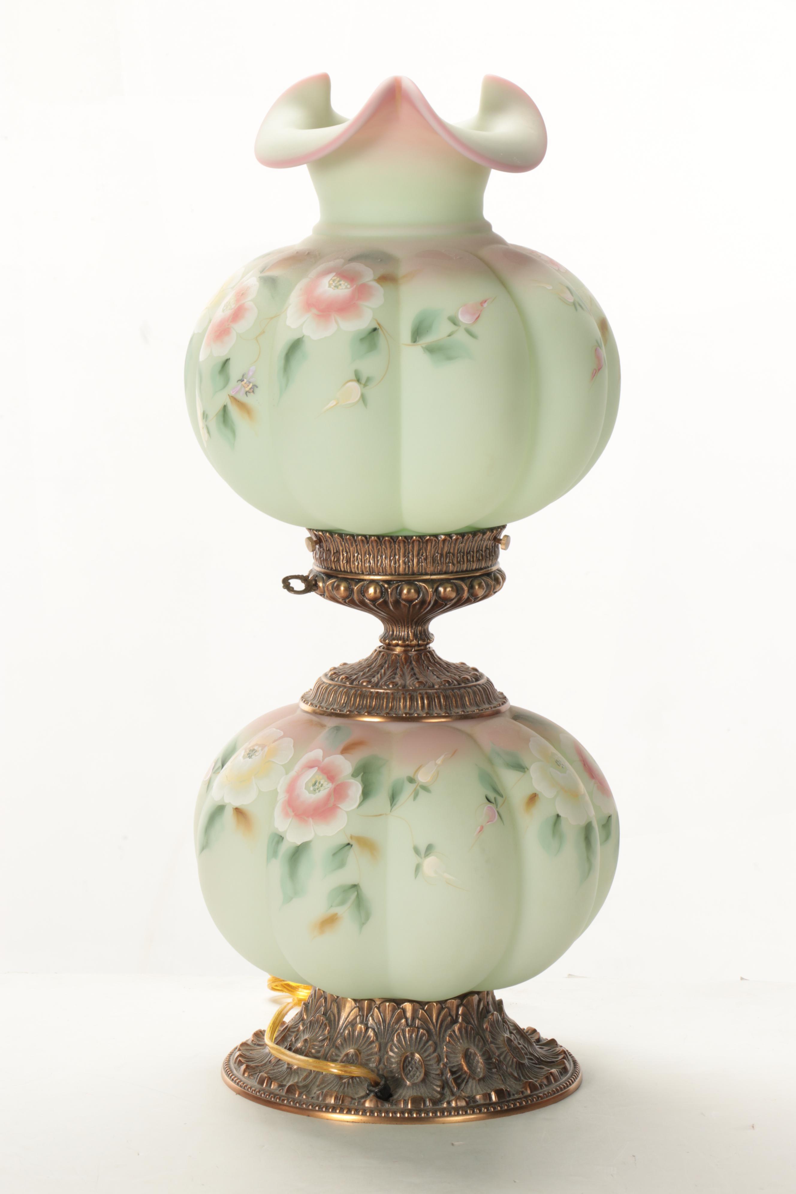 Fenton "Rose Nectar" Lotus Mist Burmese Hand-Painted Satin Glass Parlor Lamp