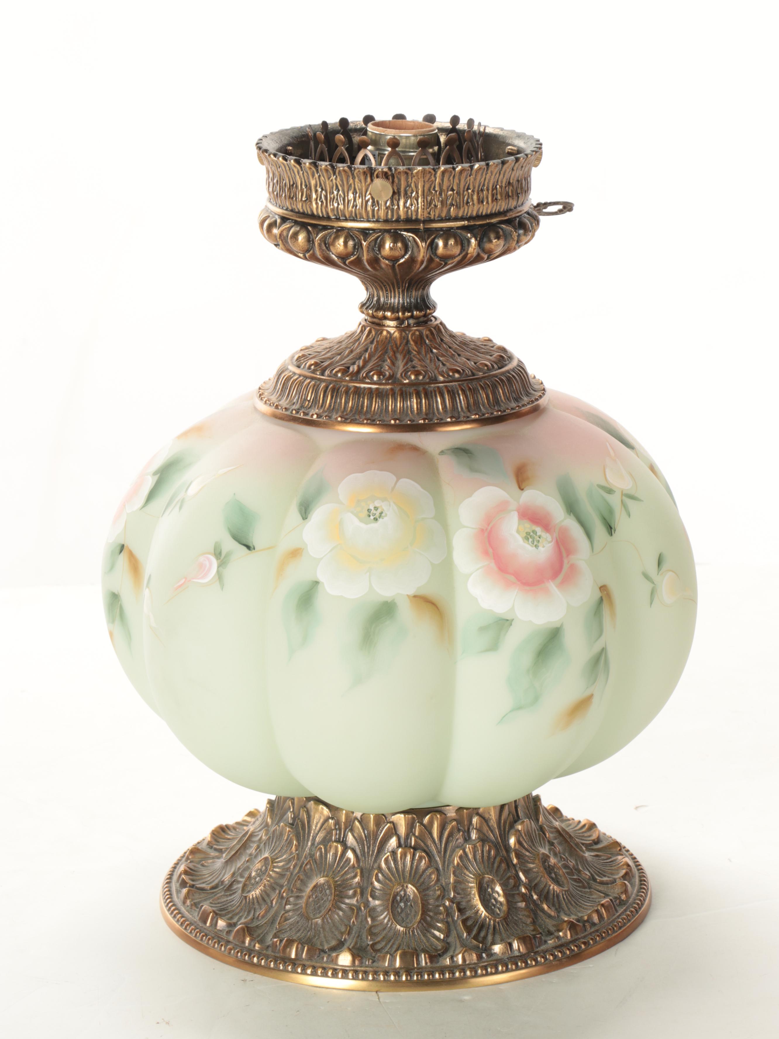 Fenton "Rose Nectar" Lotus Mist Burmese Hand-Painted Satin Glass Parlor Lamp