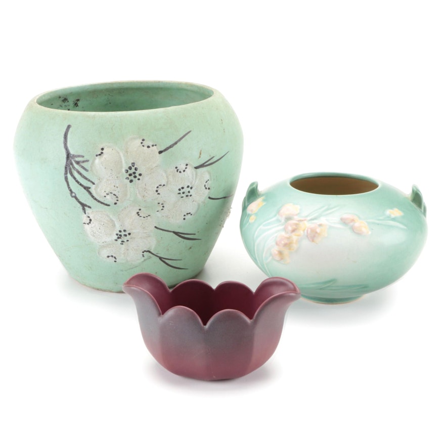 Roseville Pottery "Ixia Rose" and Van Briggle Tulip Bowls and McCoy Planter