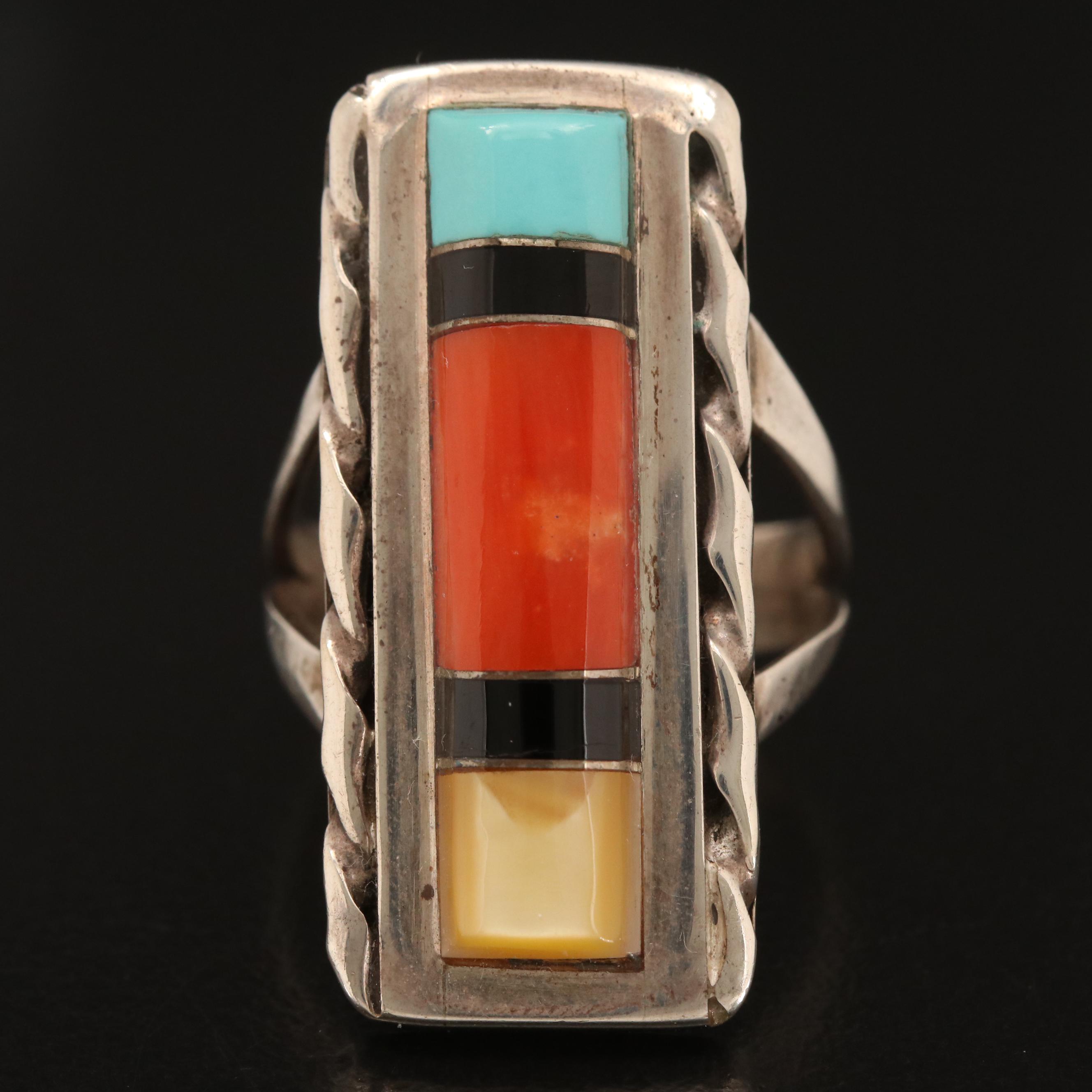 Wayne and Josie Panteah Zuni Ring Includes Coral, Black Onyx and Mother of Pearl