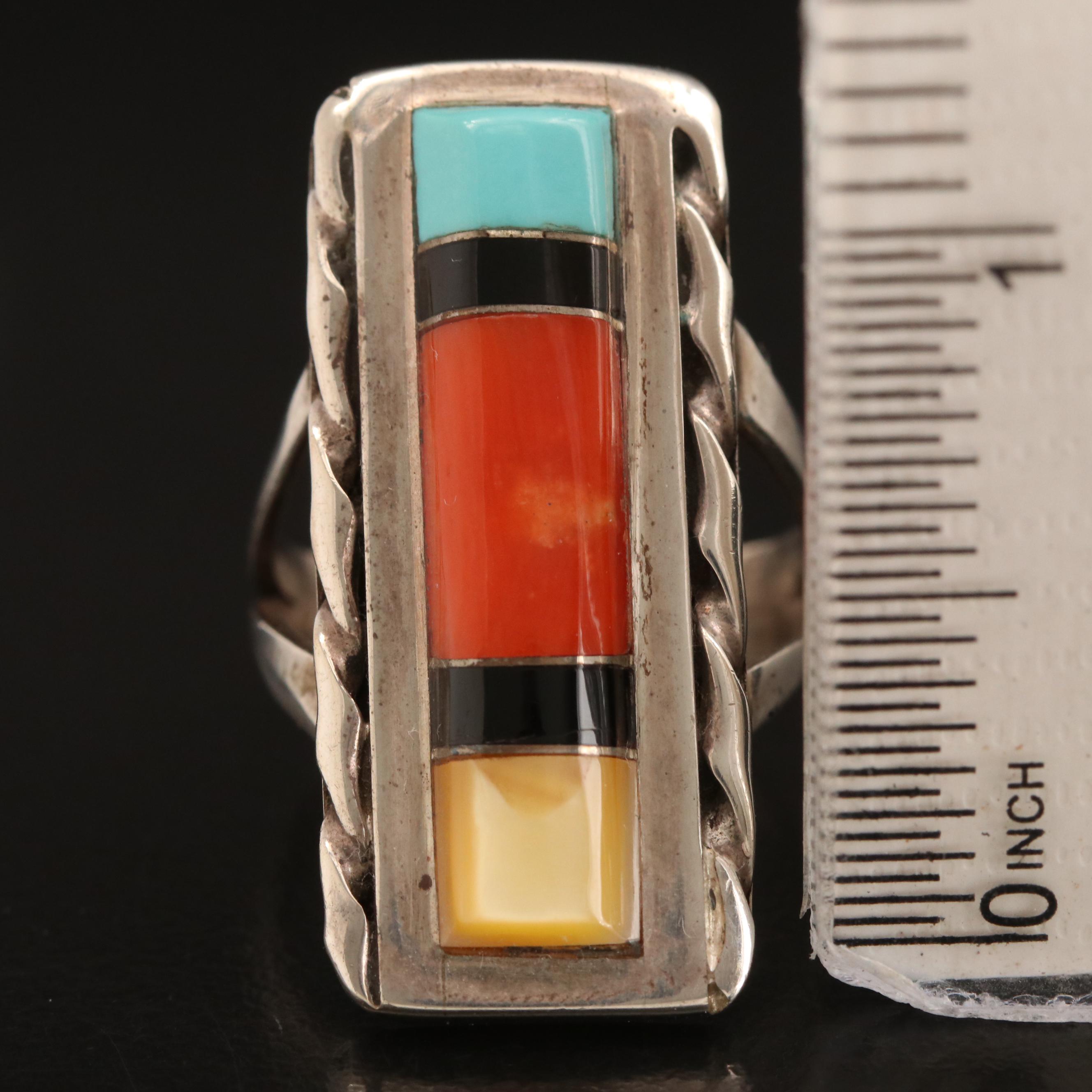 Wayne and Josie Panteah Zuni Ring Includes Coral, Black Onyx and Mother of Pearl