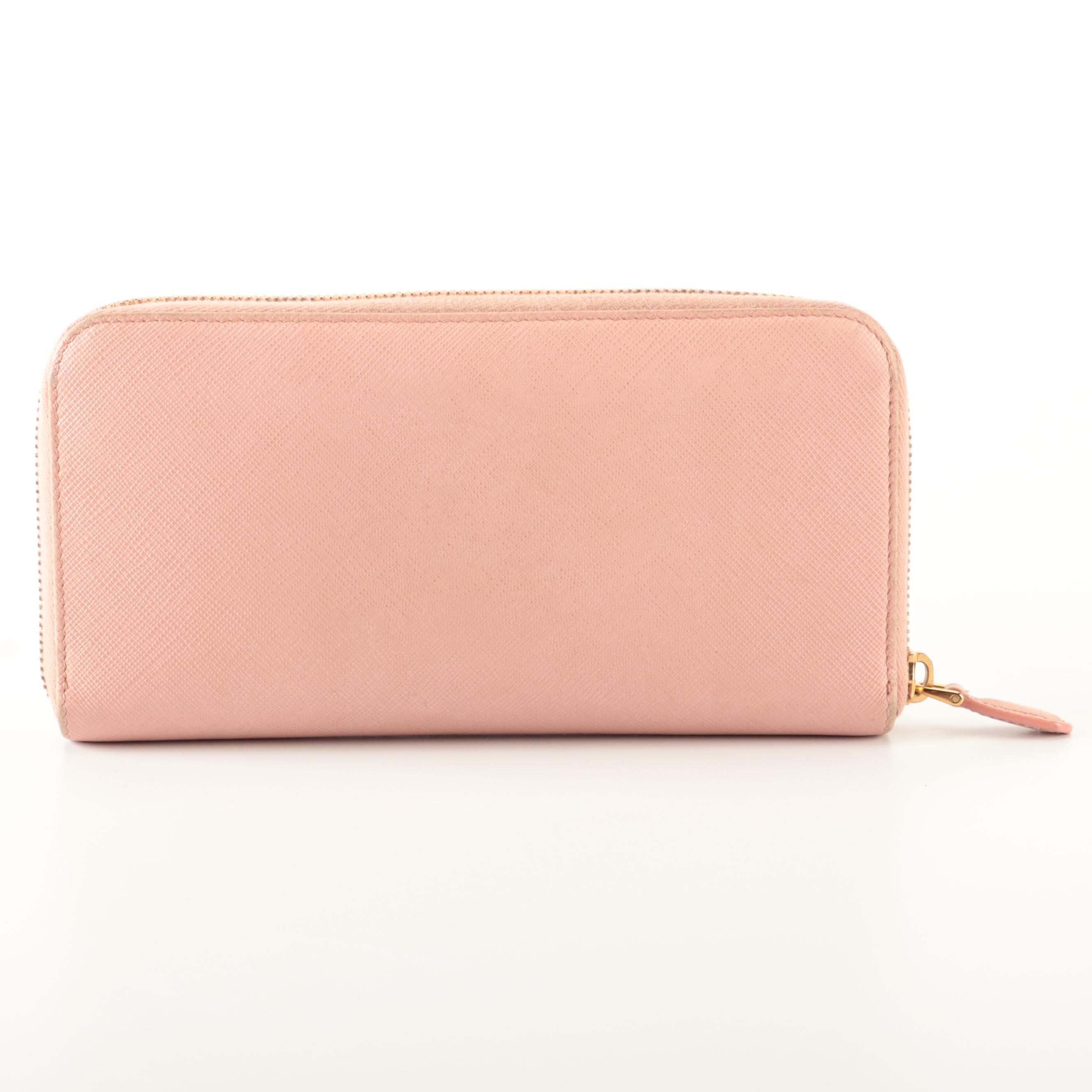 Prada Zip-Around Wallet with Bow in Pink Saffiano Leather