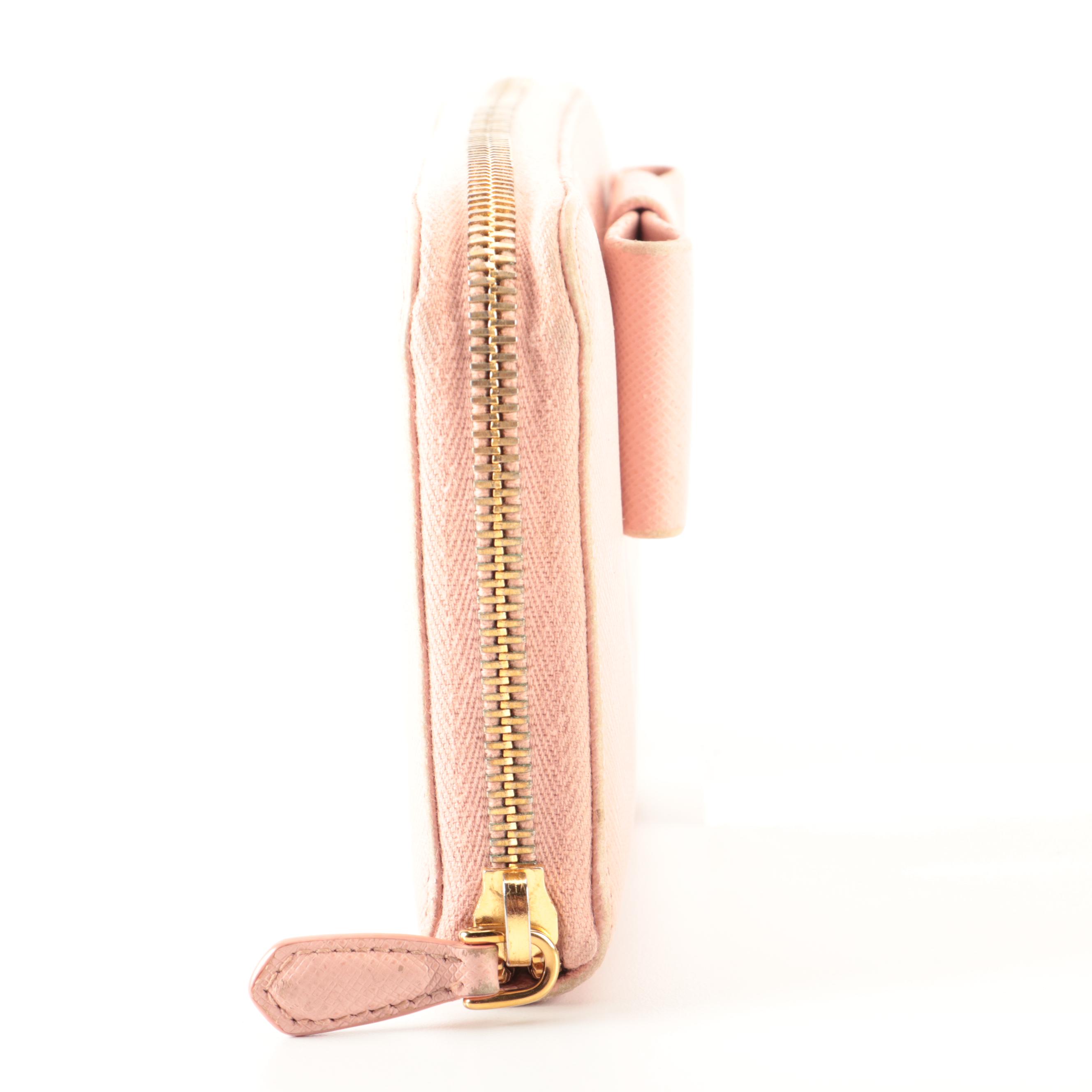 Prada Zip-Around Wallet with Bow in Pink Saffiano Leather