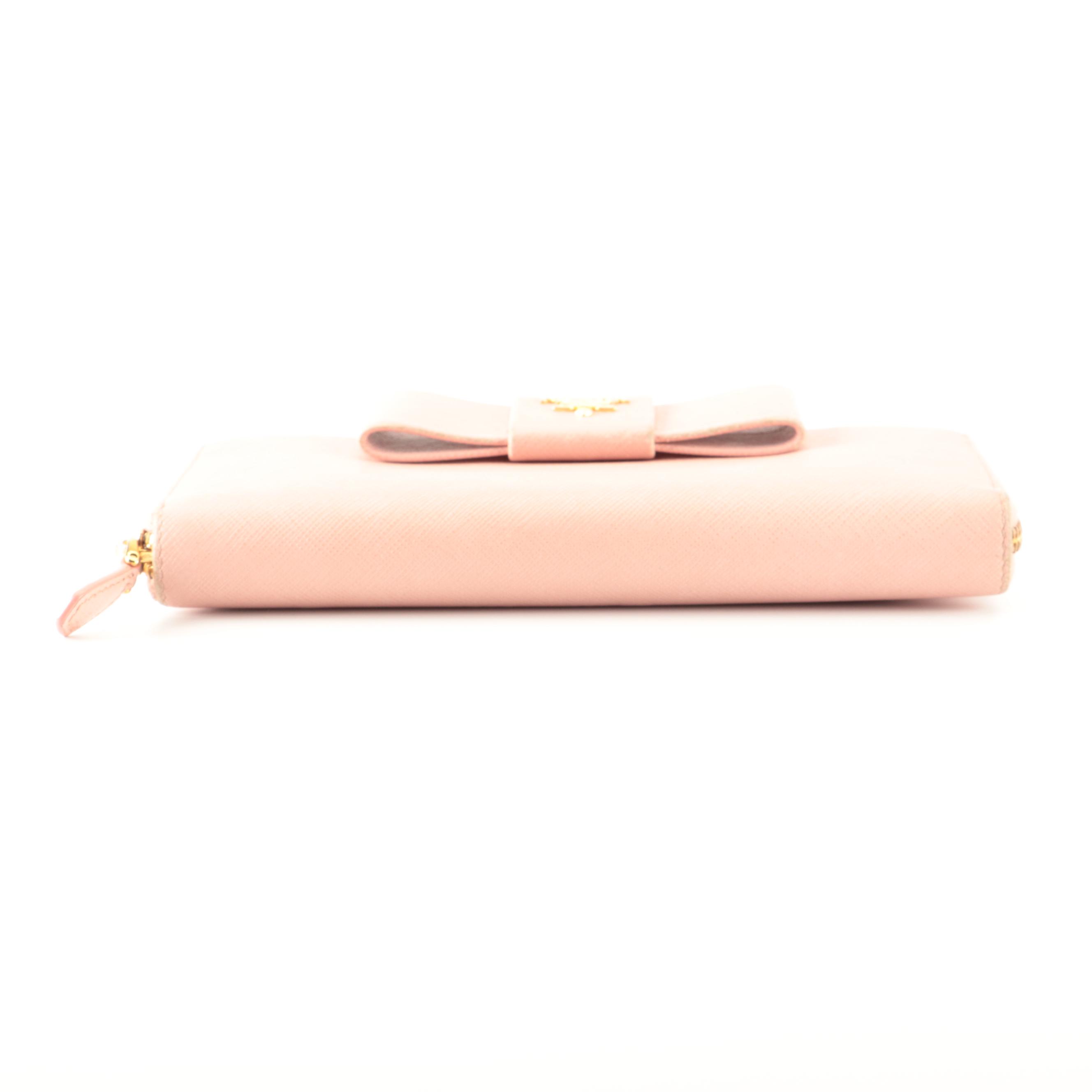 Prada Zip-Around Wallet with Bow in Pink Saffiano Leather