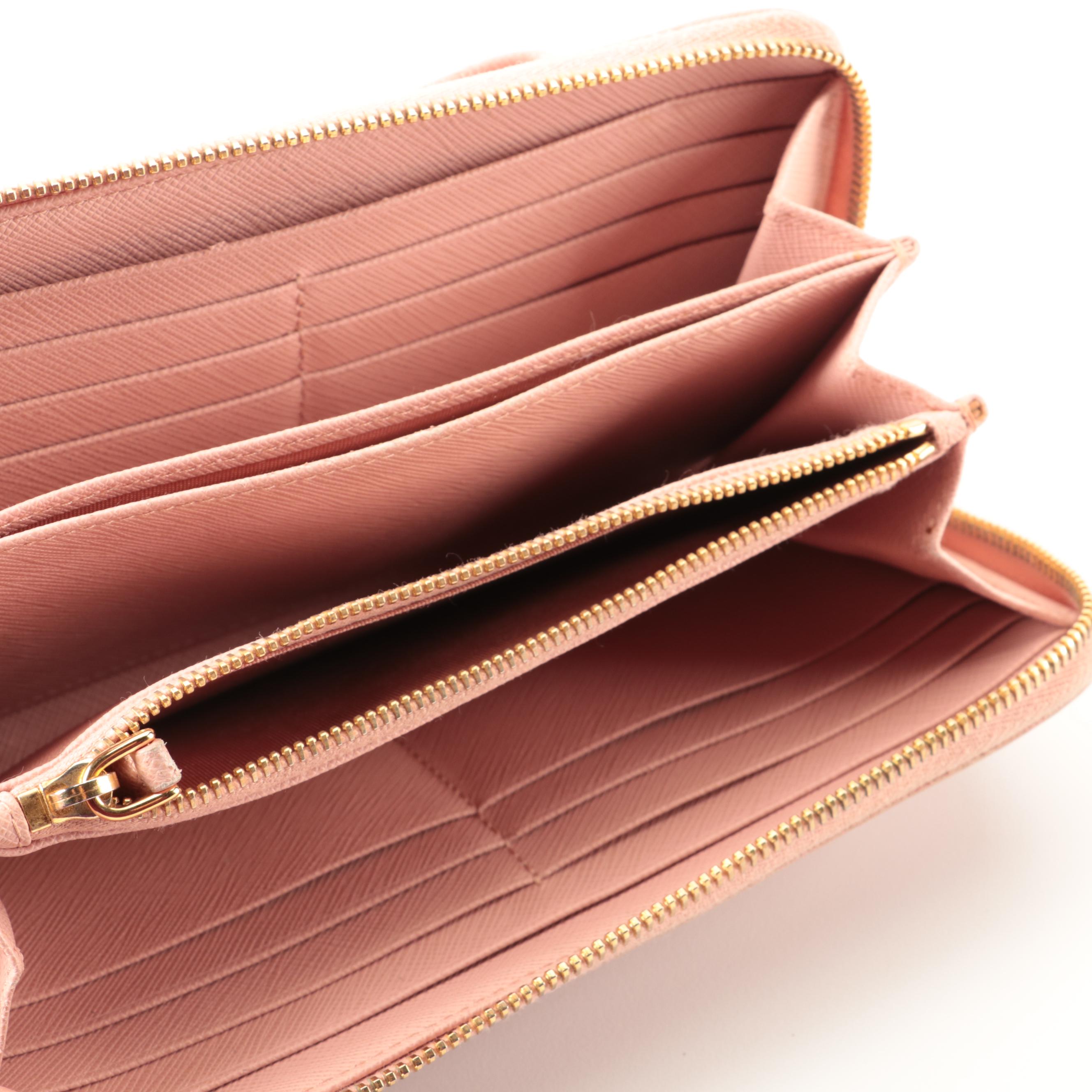 Prada Zip-Around Wallet with Bow in Pink Saffiano Leather
