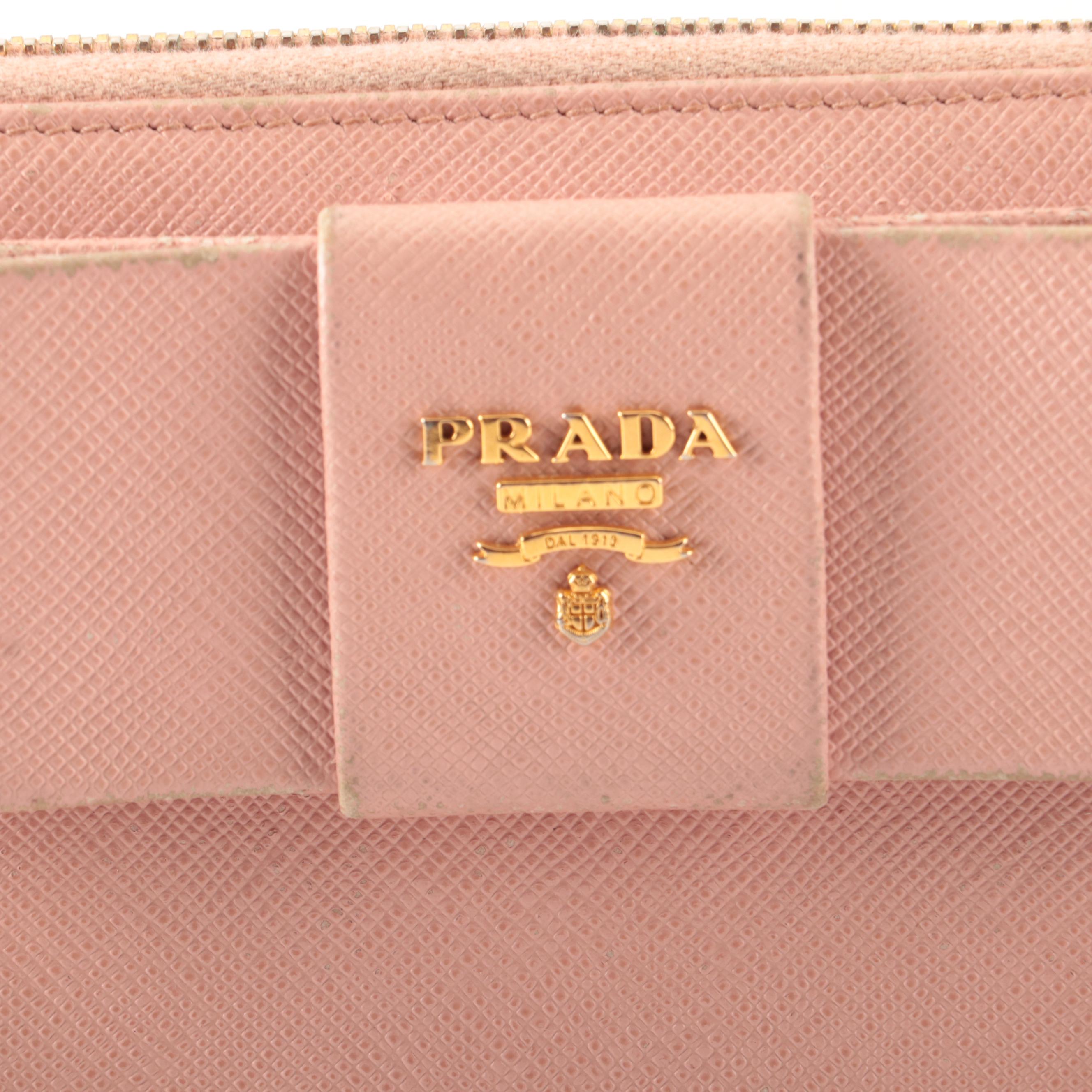 Prada Zip-Around Wallet with Bow in Pink Saffiano Leather