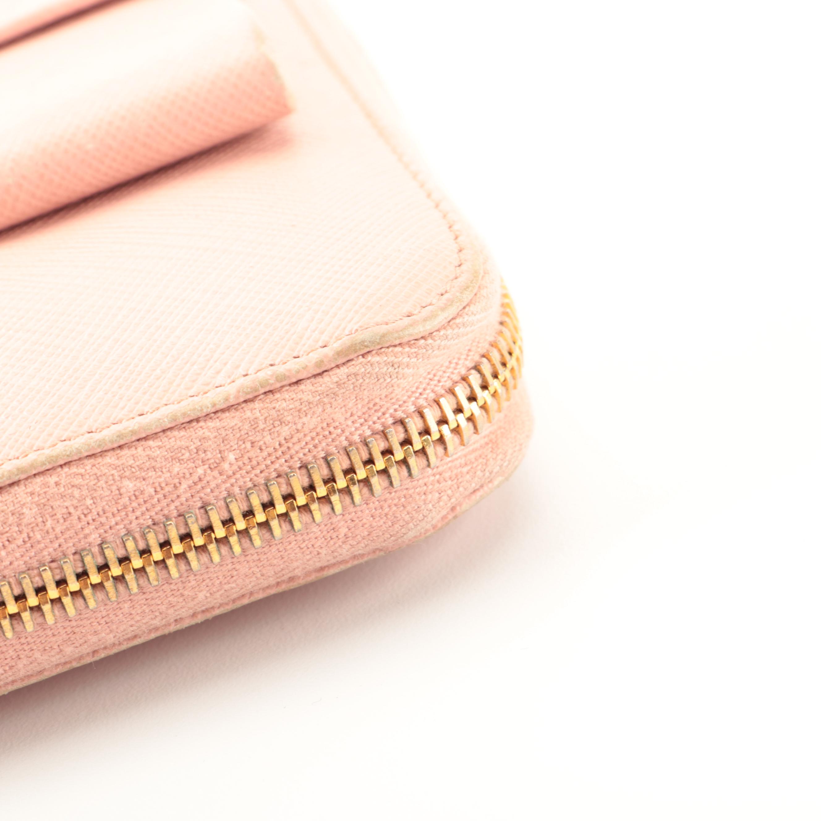 Prada Zip-Around Wallet with Bow in Pink Saffiano Leather