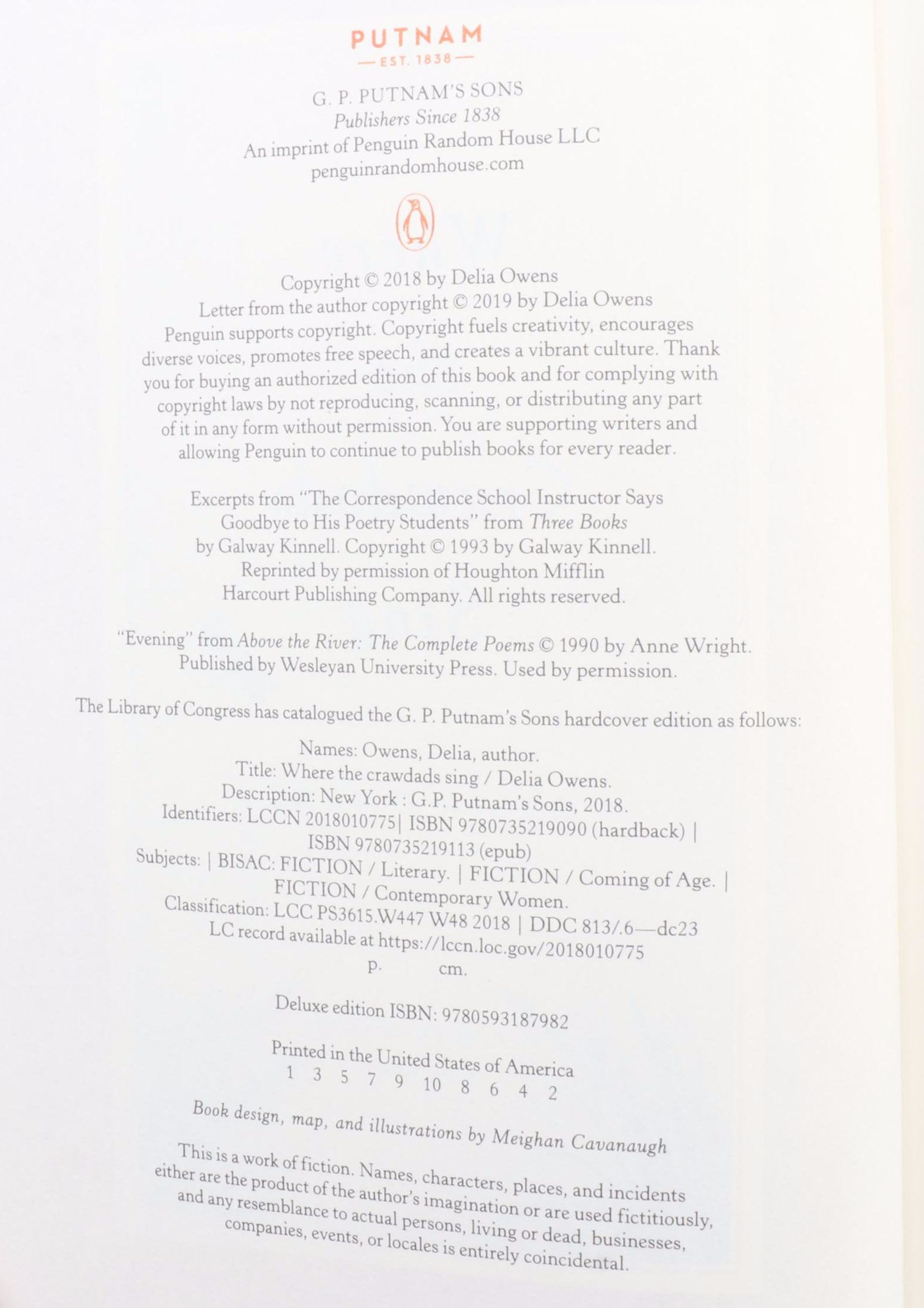 Signed First Deluxe Edition "Where the Crawdads Sing" by Delia Owens, 2019