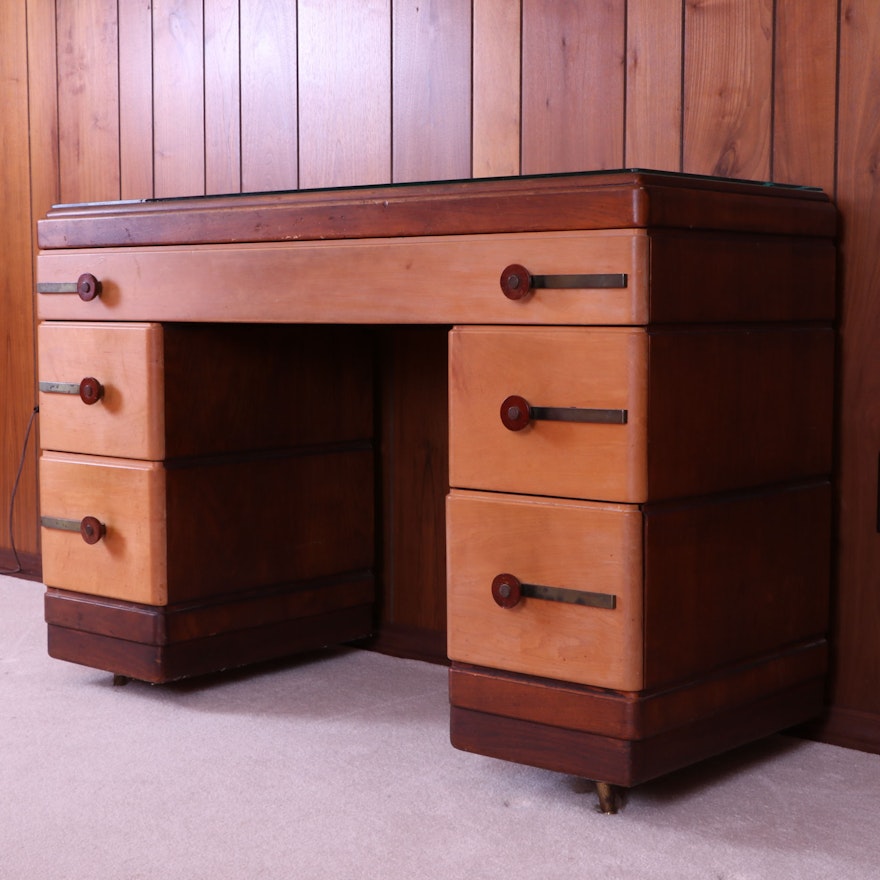 Art Deco Five-Drawer Wood Desk with Glass Top, Early 20th Century