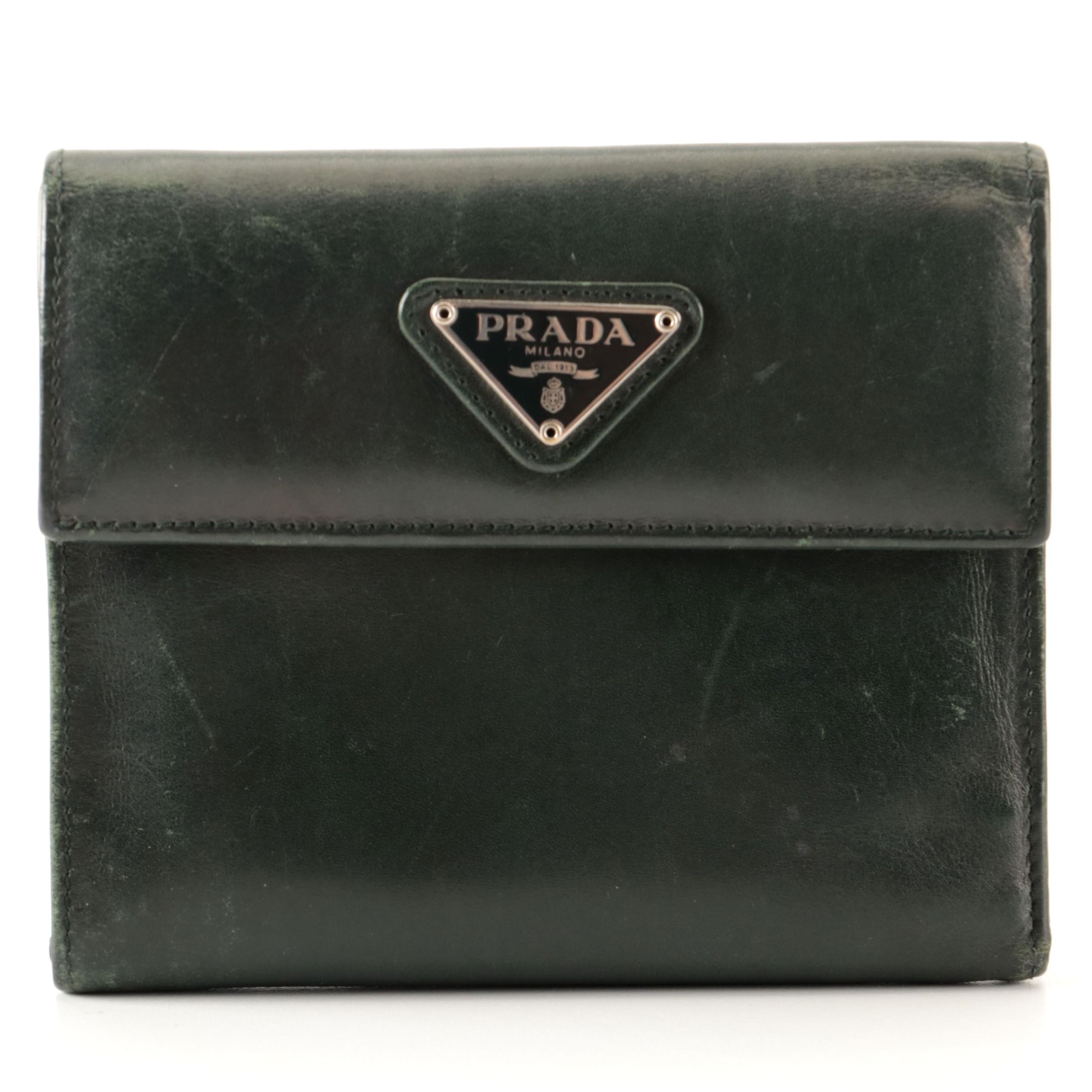 Prada Trifold Wallet in Dark Green Smooth Calfskin