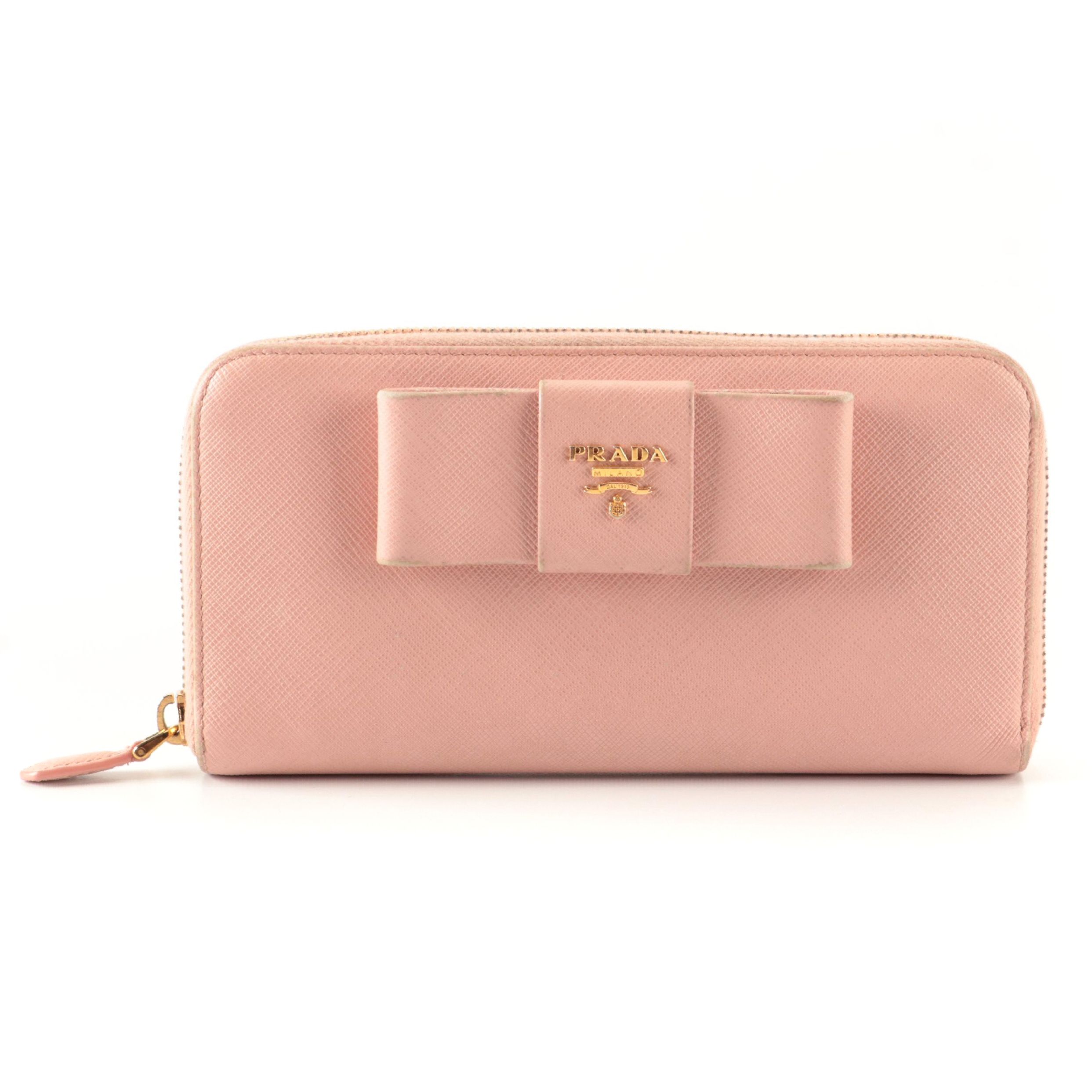 Prada Zip-Around Wallet with Bow in Pink Saffiano Leather