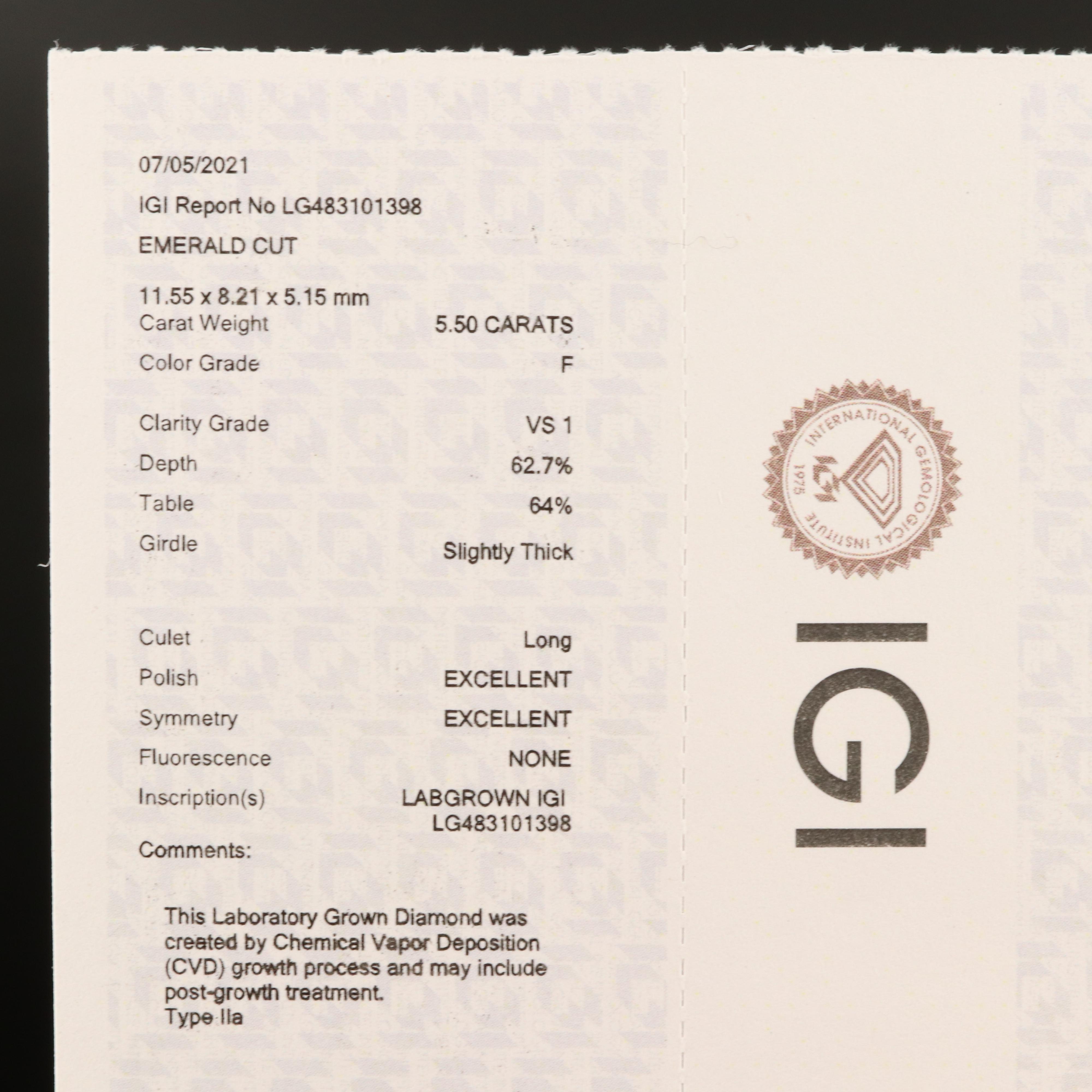 Platinum 6.00 CTW Lab Grown Diamond Ring with IGI Report