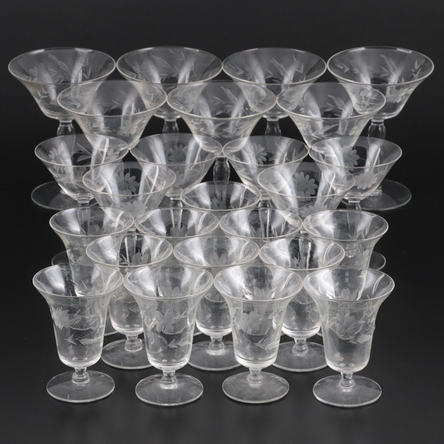 Floral Etched Glass Stemware, Mid-20th Century